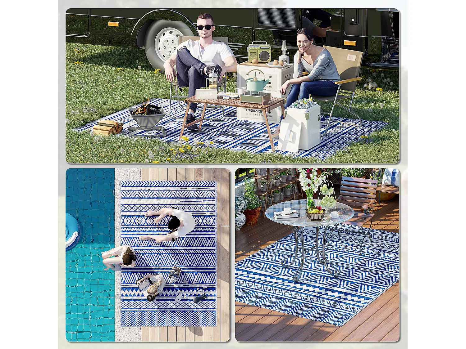 Tappeto per esterno 182x274 cm reversibile blu e bianco