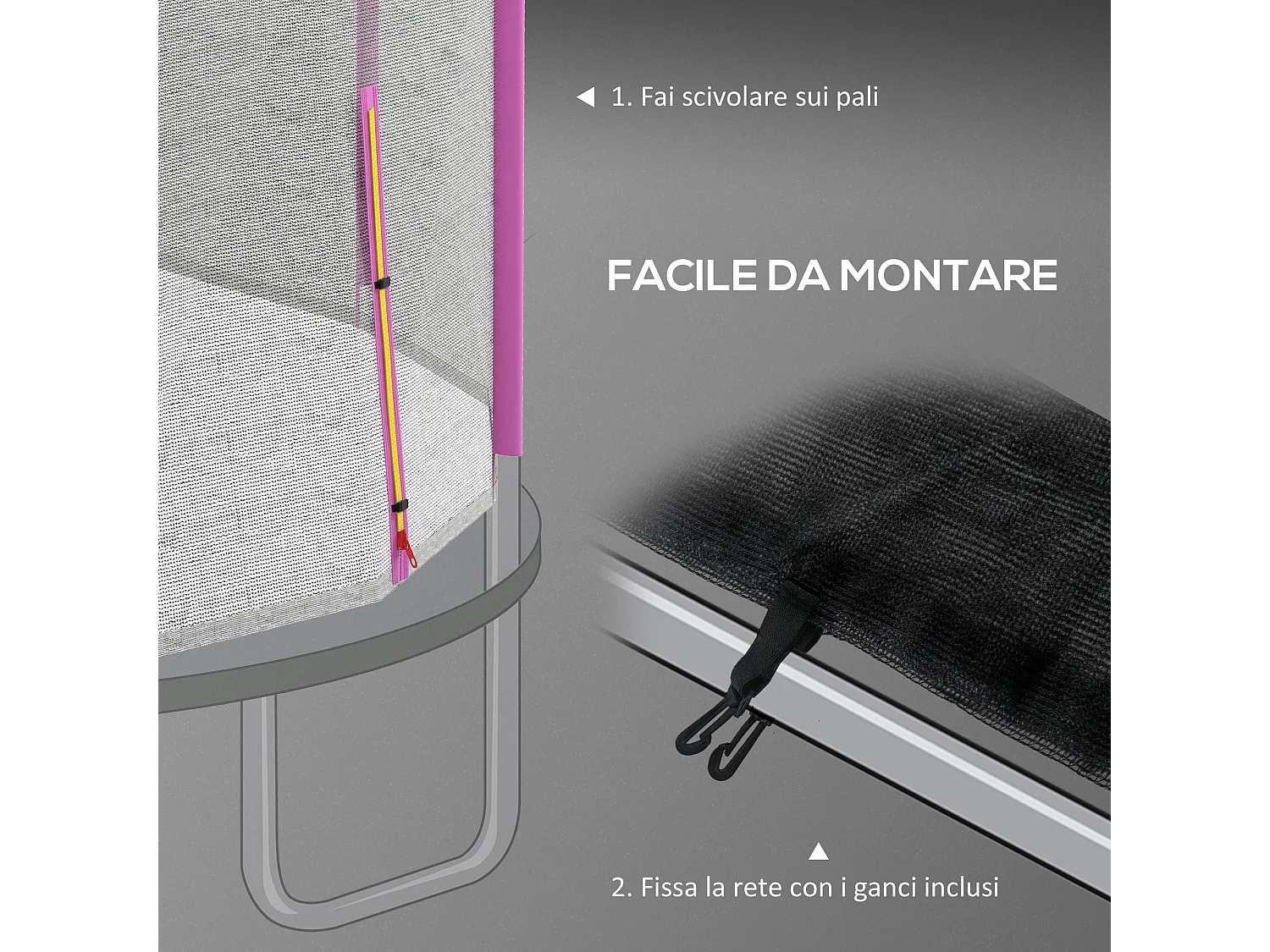 Rete protettiva per trampolini a 8 pali in pe nero e rosa