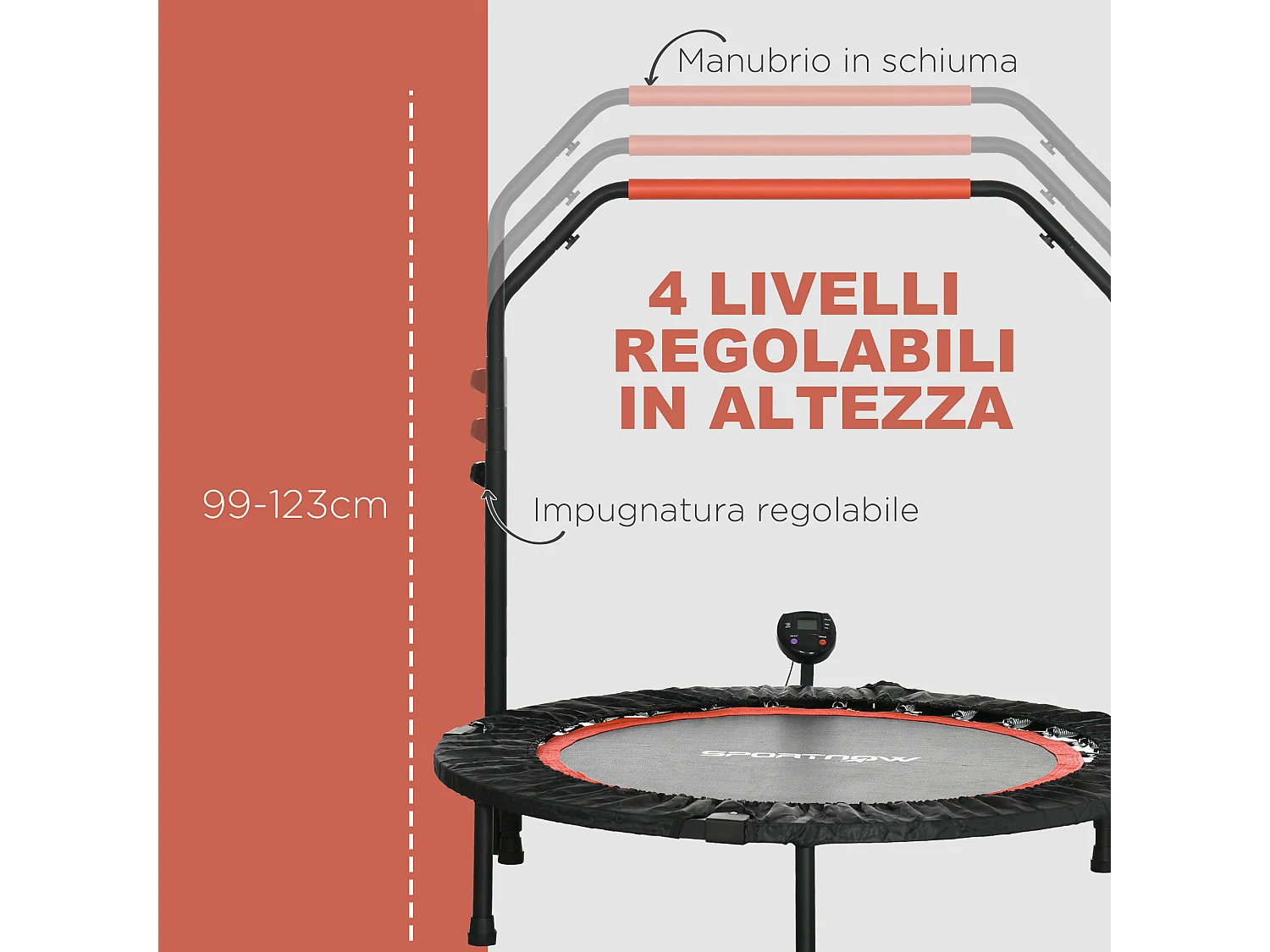 Mini trampolino fitness ø102 cm pieghevole con manubrio regolabile nero