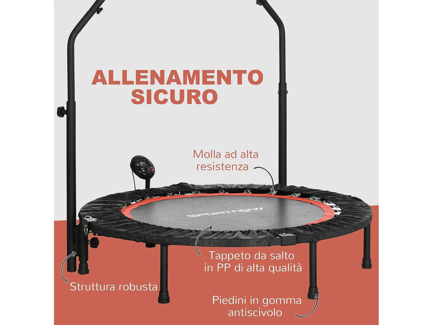 Mini trampolino fitness ø102 cm pieghevole con manubrio regolabile nero