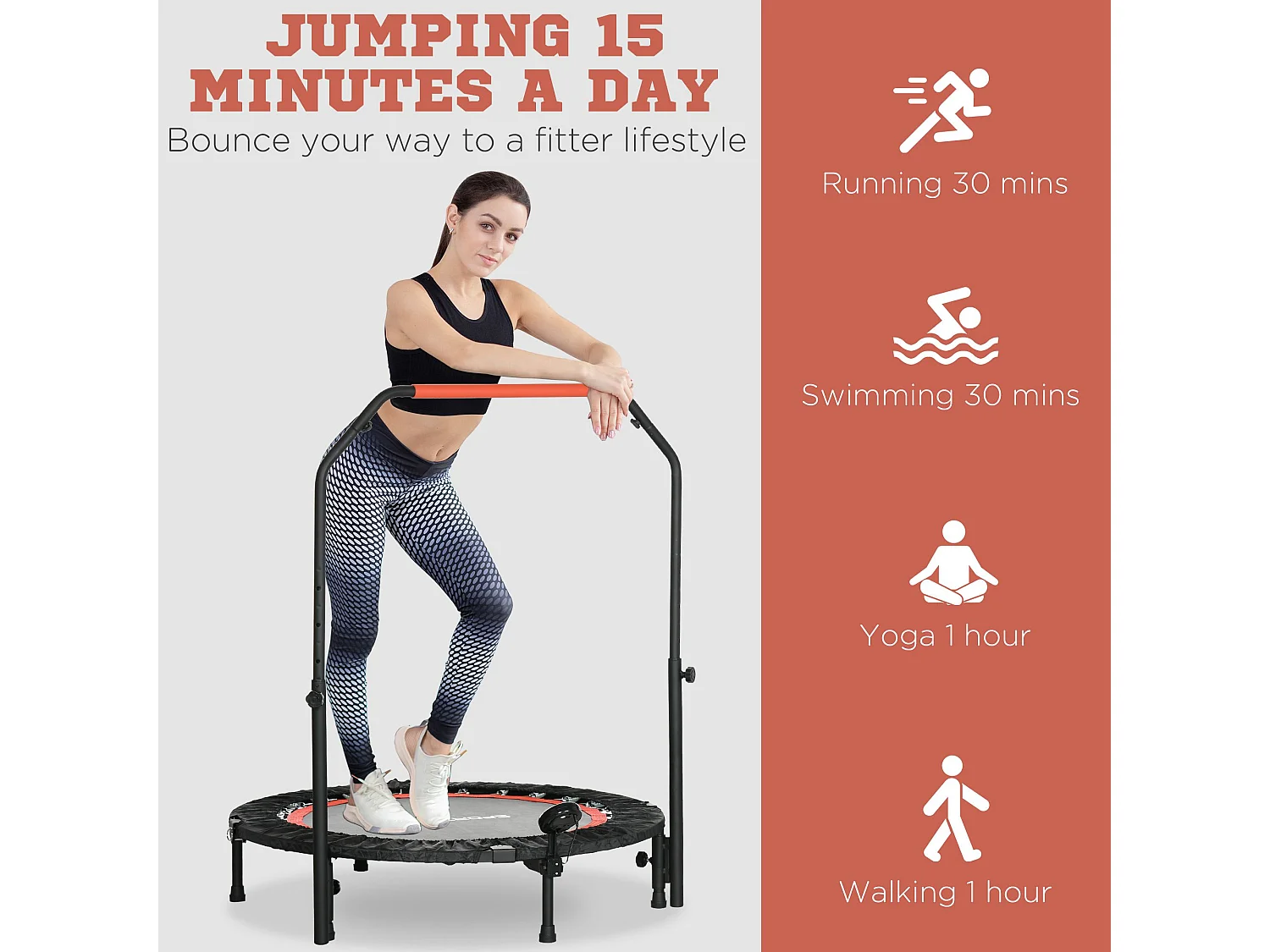 Mini trampolino fitness ø102 cm pieghevole con manubrio regolabile nero