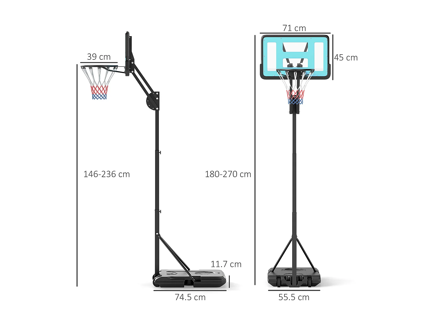 Canestro basket esterno regolabile 146-236cm ruote e base riempibile