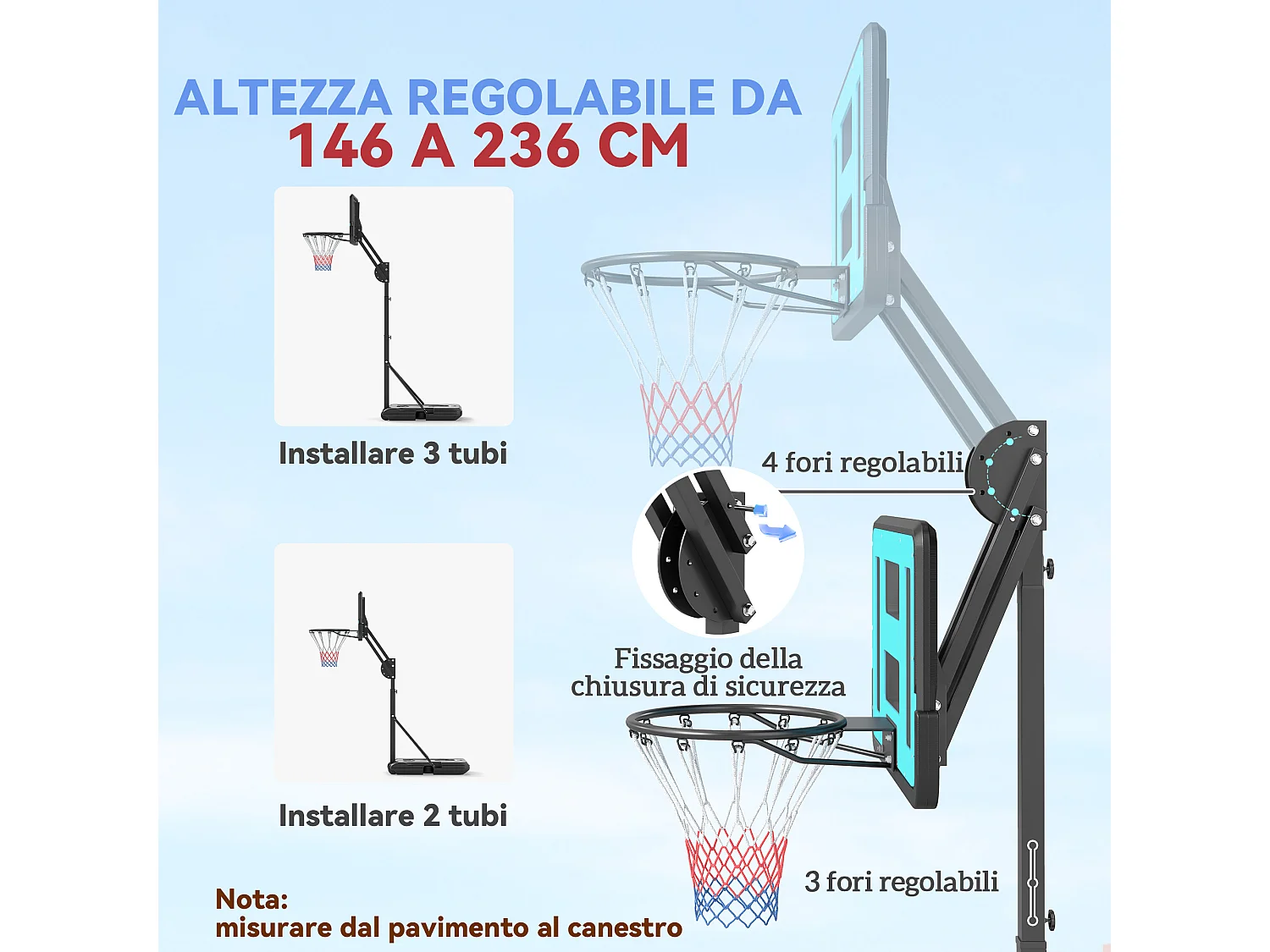 Canestro basket esterno regolabile 146-236cm ruote e base riempibile