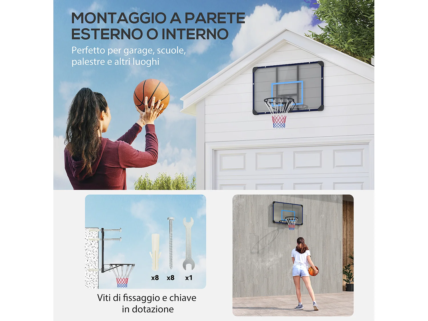 Canestro basket da muro con tabellone infrangibile e cerchio in acciaio