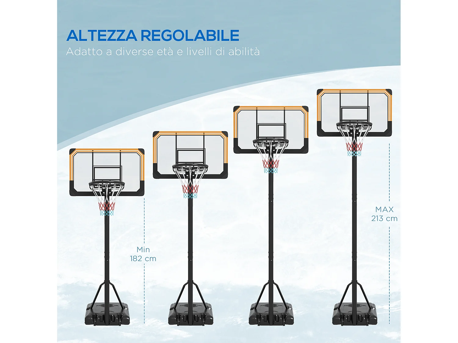 Canestro basket a 6 altezze regolabili con base e rotelle nero
