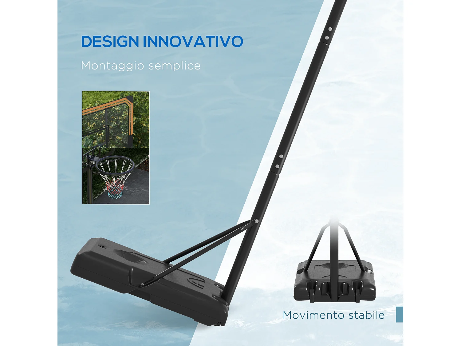 Canestro basket a 6 altezze regolabili con base e rotelle nero