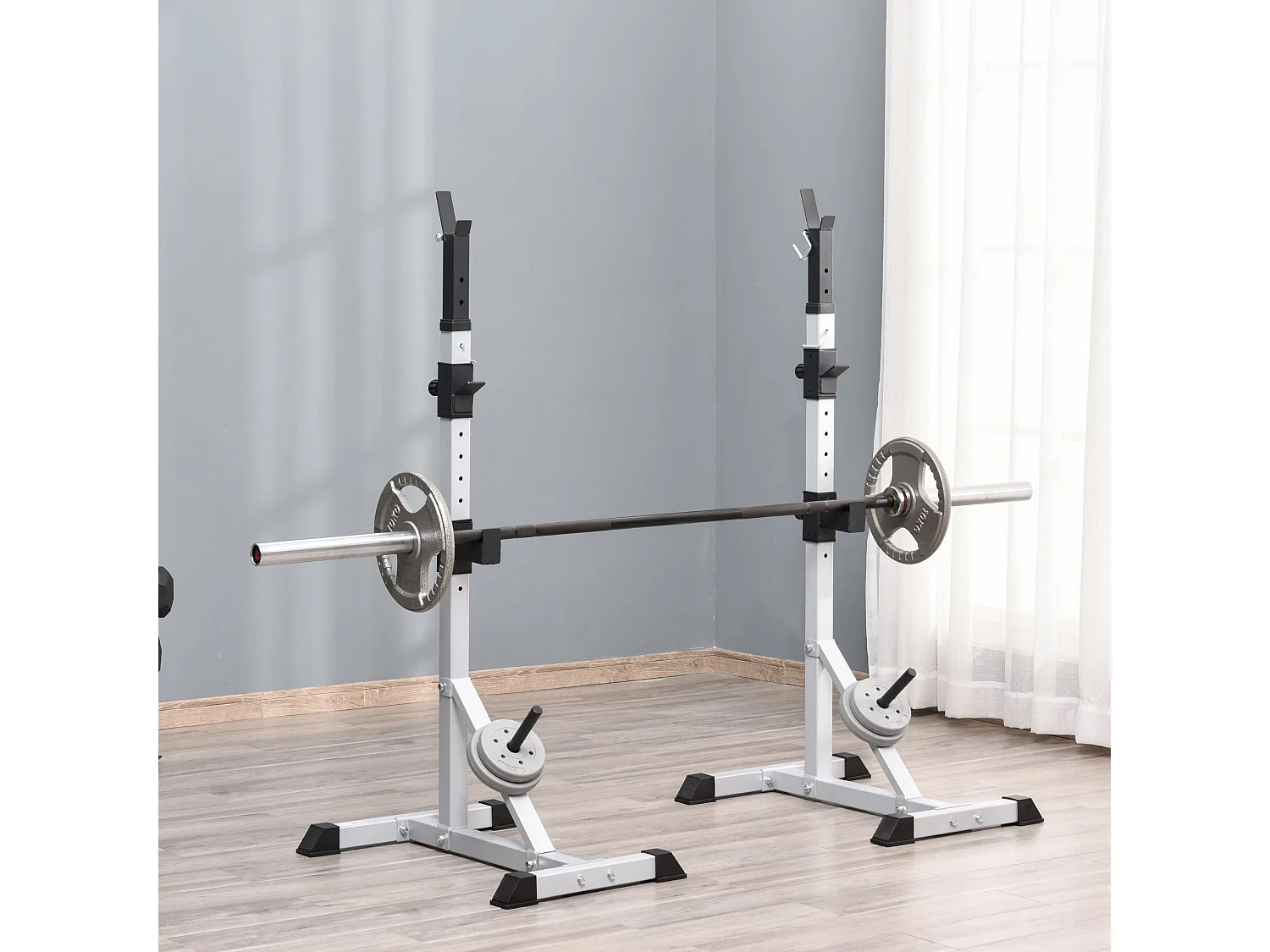 Set 2 supporti bilanciere in acciaio con 3 ganci e altezza regolabile