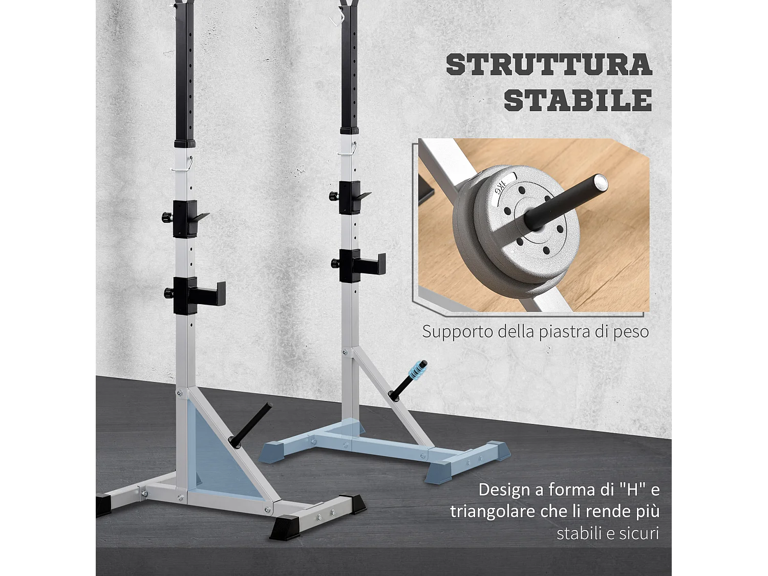Set 2 supporti bilanciere in acciaio con 3 ganci e altezza regolabile