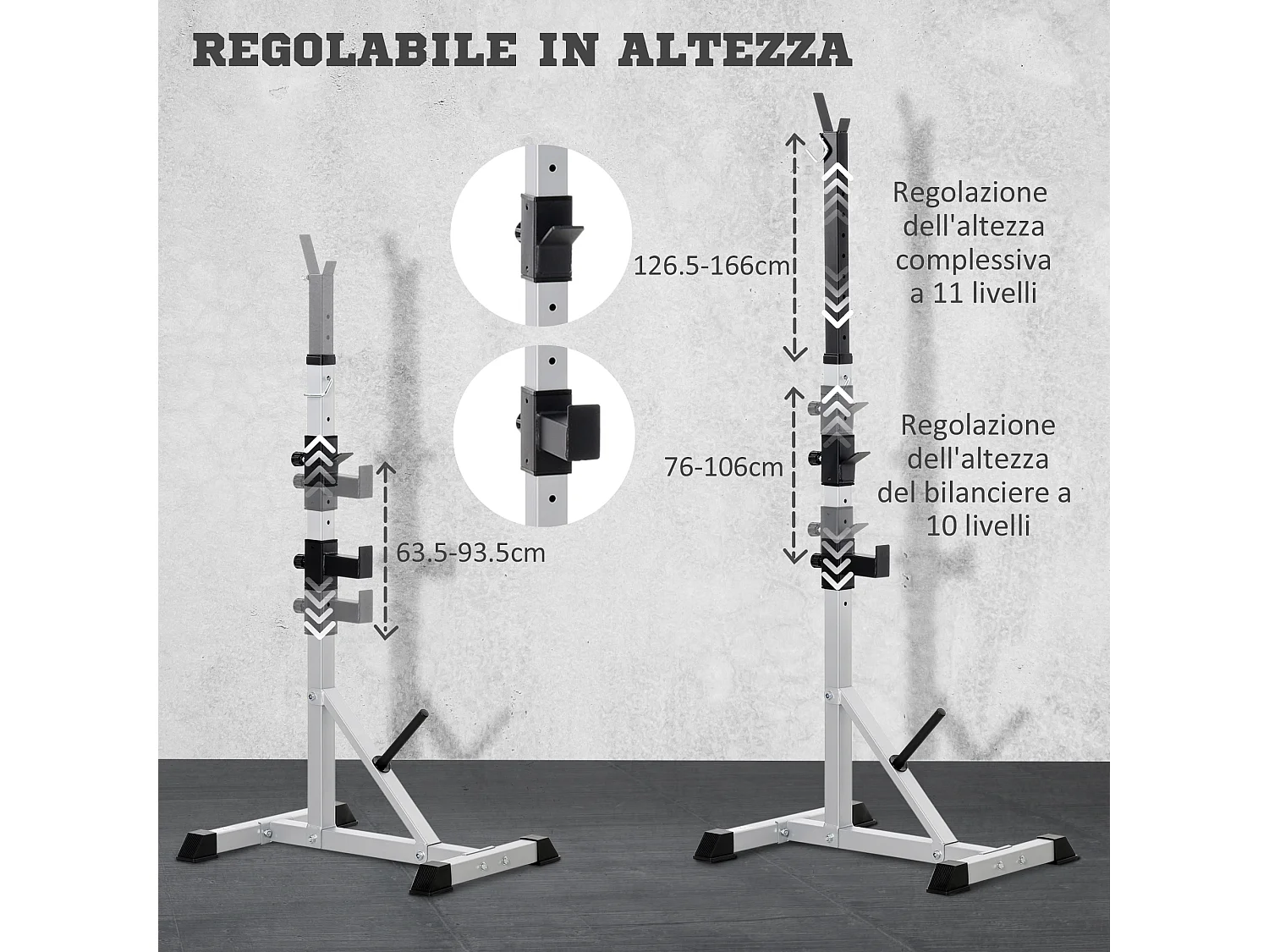 Set 2 supporti bilanciere in acciaio con 3 ganci e altezza regolabile