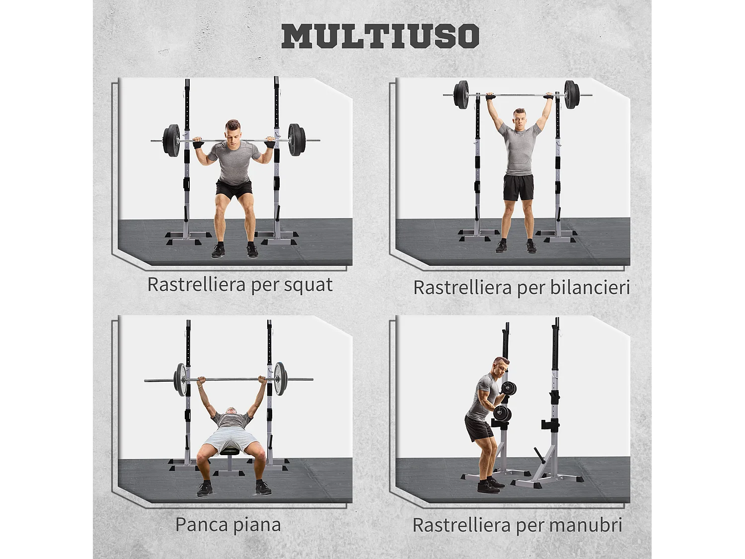Set 2 supporti bilanciere in acciaio con 3 ganci e altezza regolabile