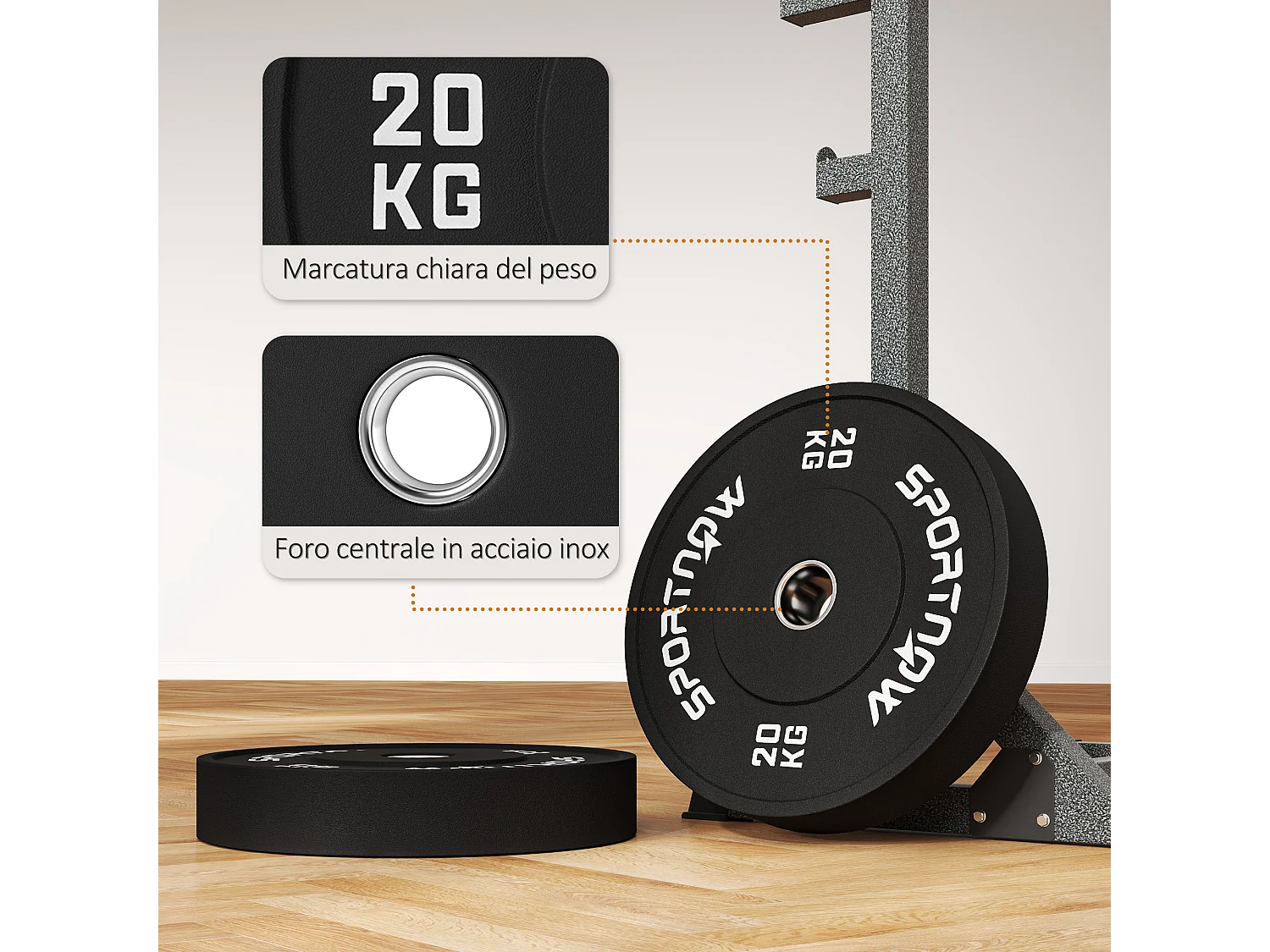 Set 2 dischi pesi 20kg in gomma con foro 5 cm per manubri e bilancieri