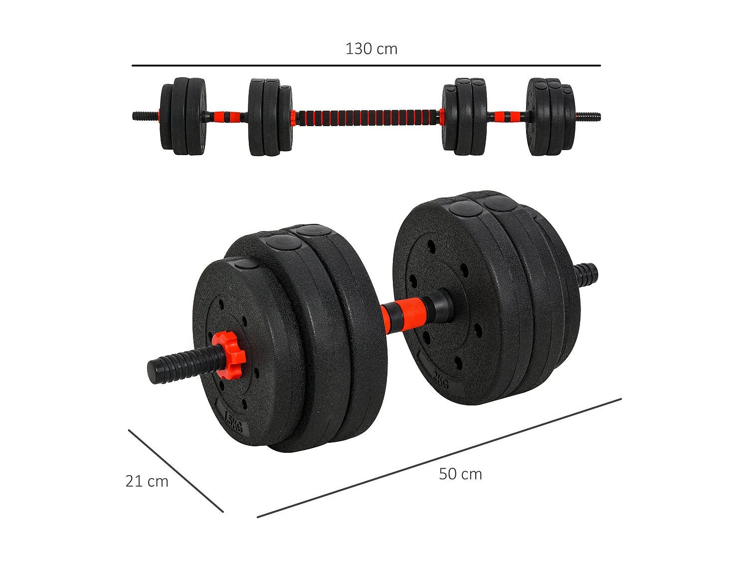 Set 2 manubri convertibili in bilanciere, 25kg totali con 12 dischi pesi