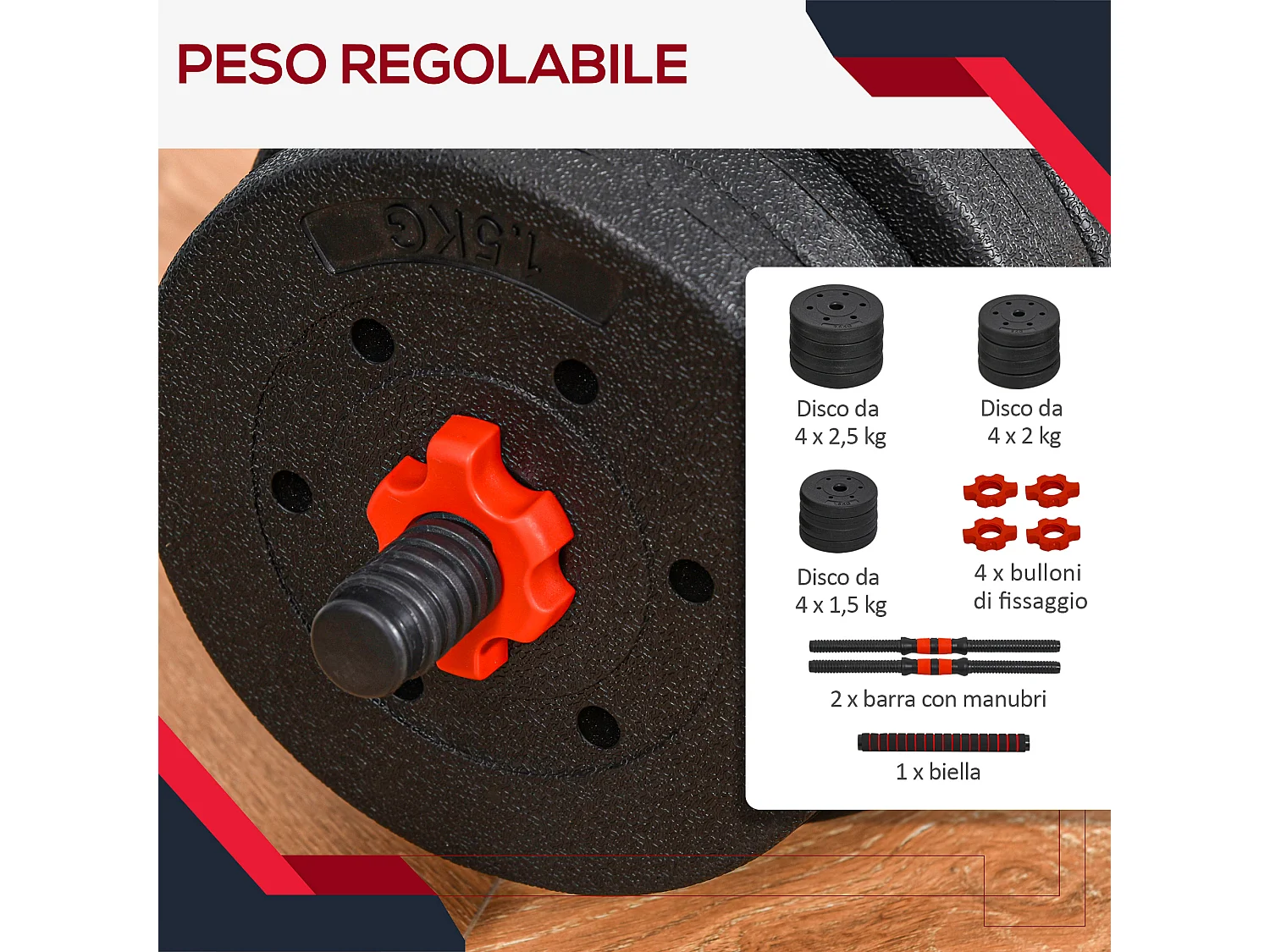 Set 2 manubri convertibili in bilanciere, 25kg totali con 12 dischi pesi