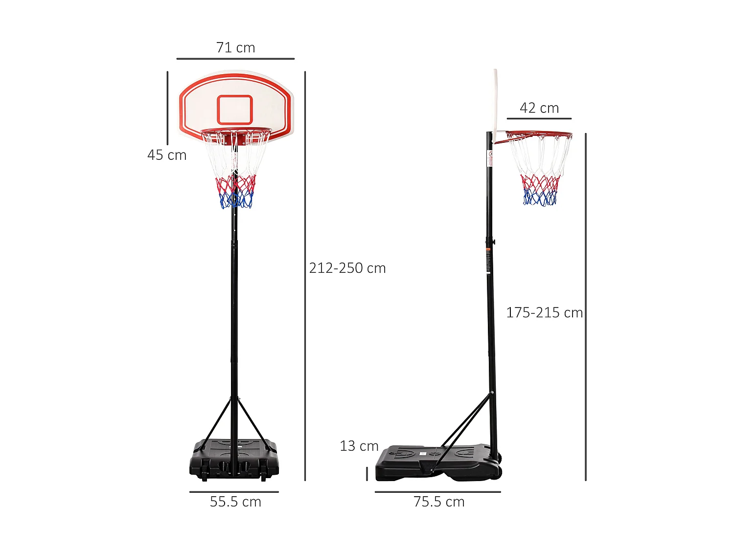 Canestro altezza regolabile 175-215cm struttura metallo e base riempibile