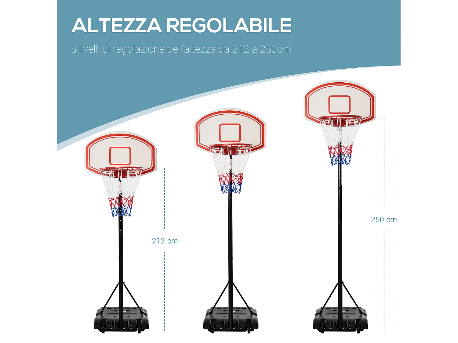 Canestro altezza regolabile 175-215cm struttura metallo e base riempibile