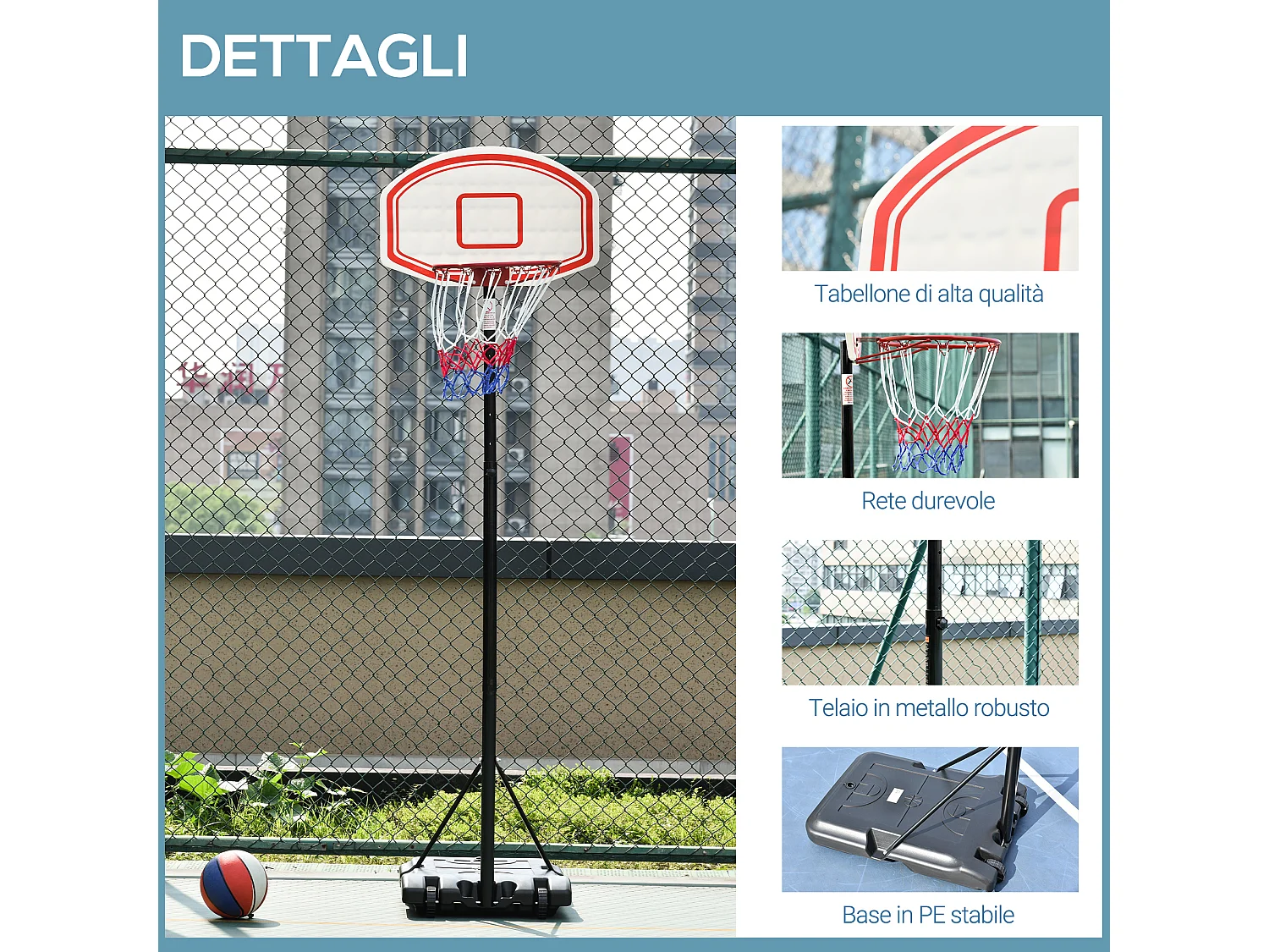 Canestro altezza regolabile 175-215cm struttura metallo e base riempibile