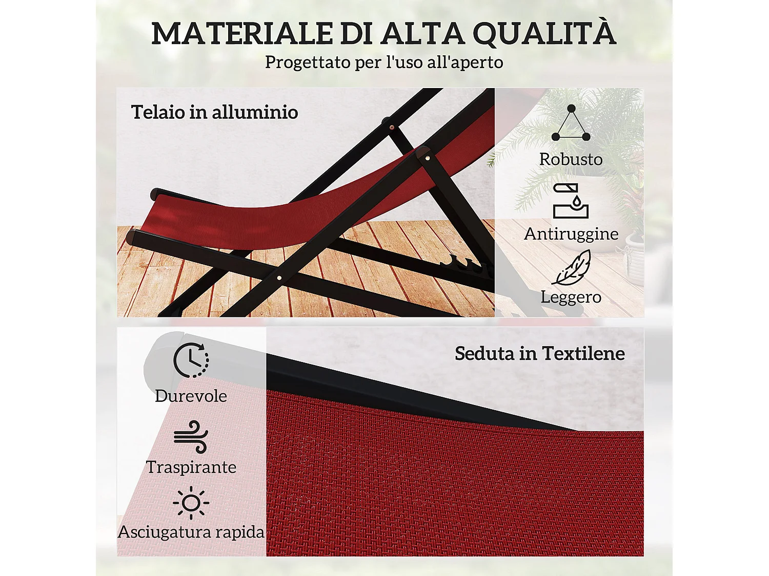 Set 2 sedie poltrona sdraio da esterni in alluminio rosso