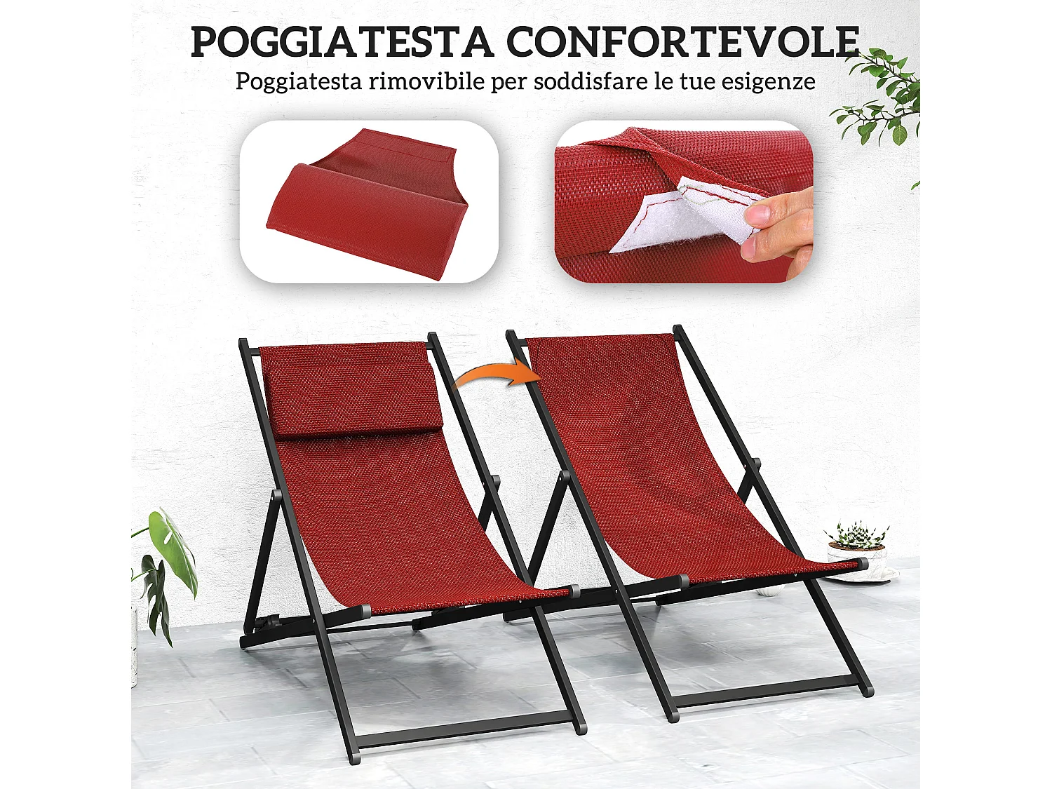 Set 2 sedie poltrona sdraio da esterni in alluminio rosso