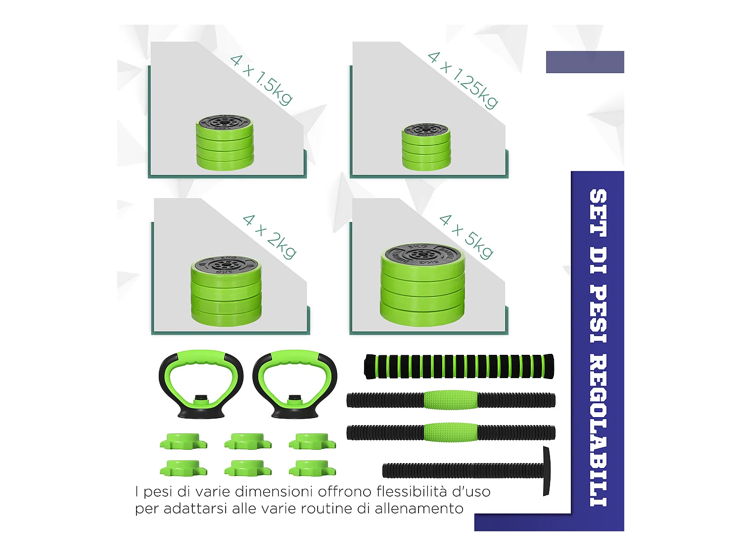 Pesi da palestra set 4 in 1 40kg totali in plastica e sabbia verde