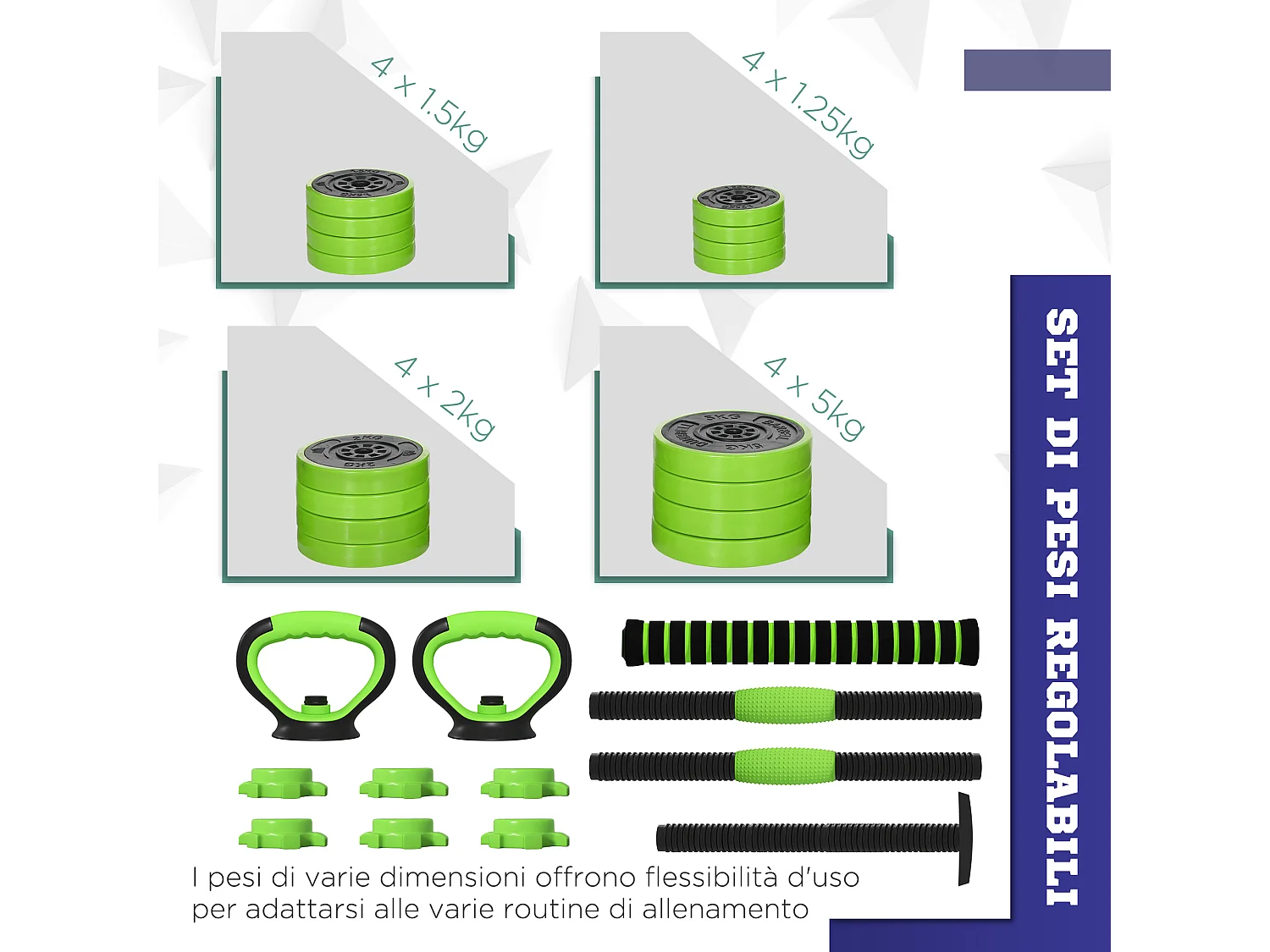Pesi da palestra set 4 in 1 40kg totali in plastica e sabbia verde