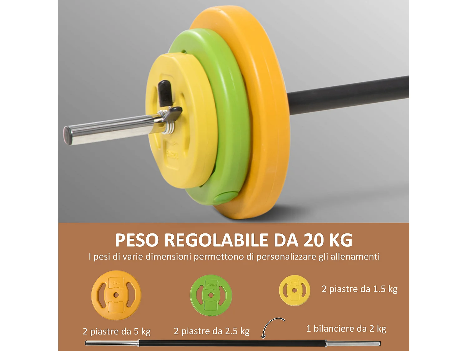 Set bilanciere e dischi da 20 kg totali con 6 pesi multicolore