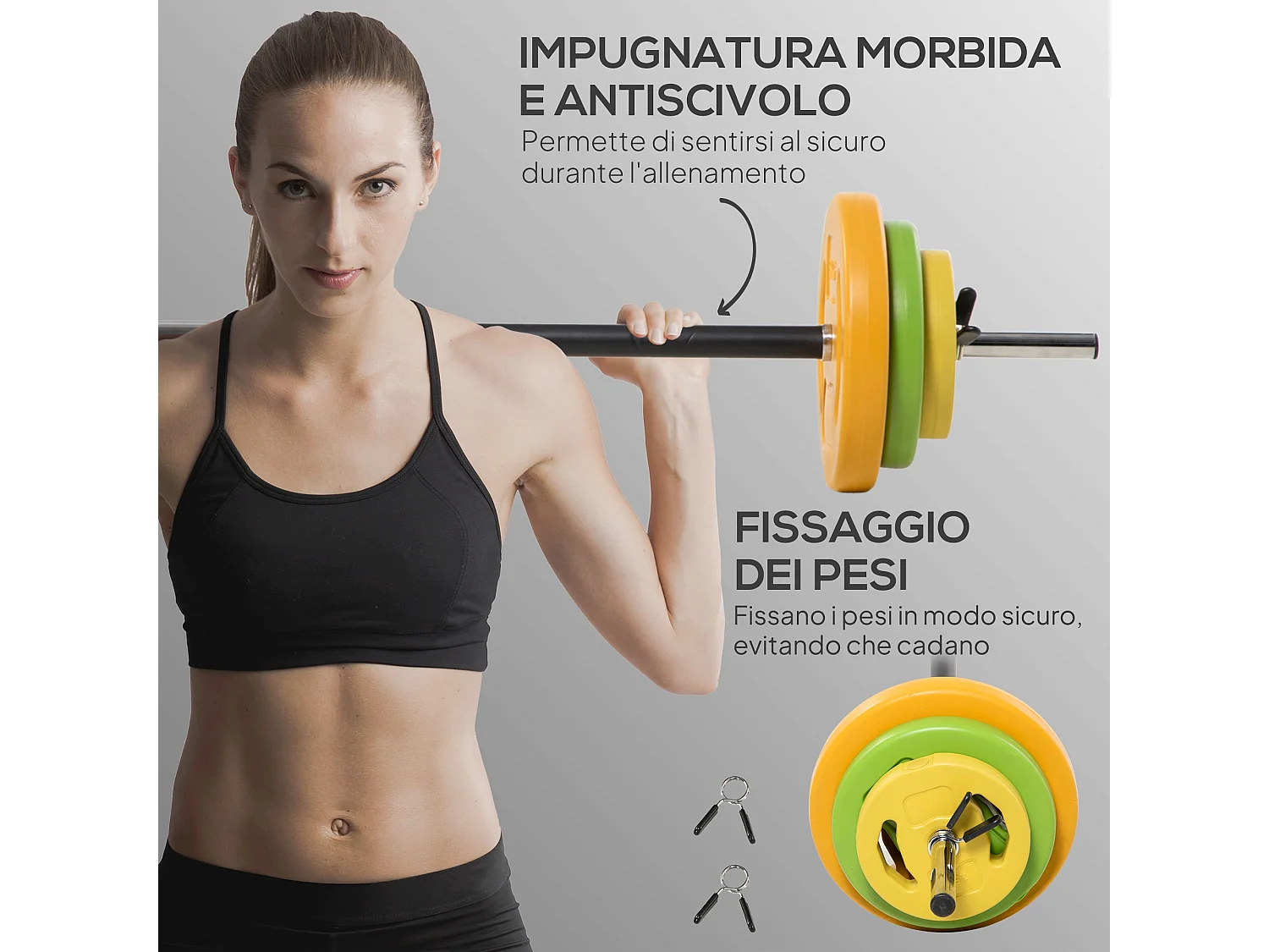 Set bilanciere e dischi da 20 kg totali con 6 pesi multicolore