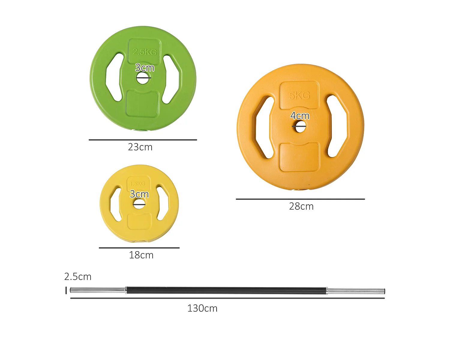 Set bilanciere e dischi da 20 kg totali con 6 pesi multicolore