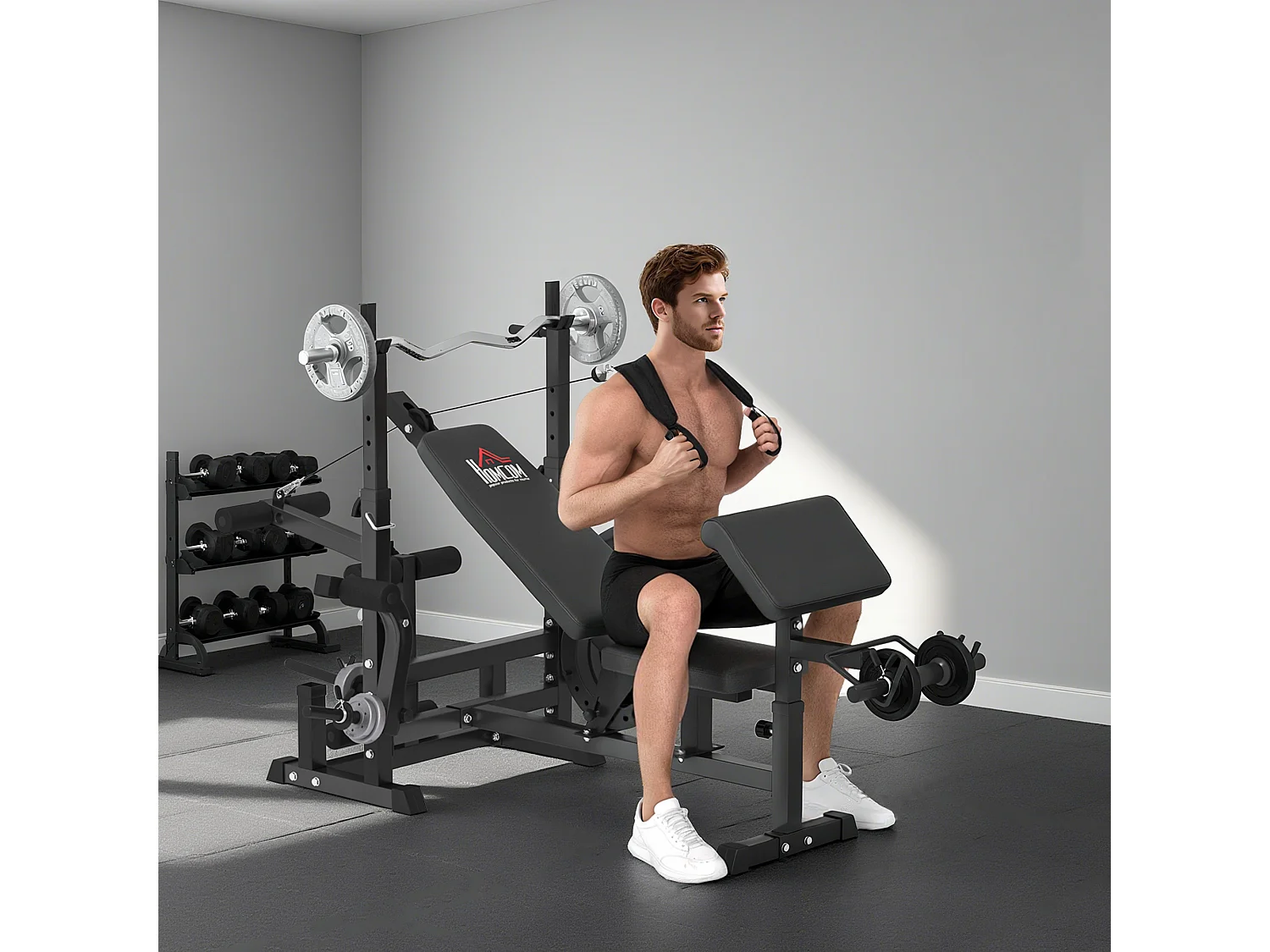 Panca da palestra con supporto per bilanciere e schienale regolabile nero