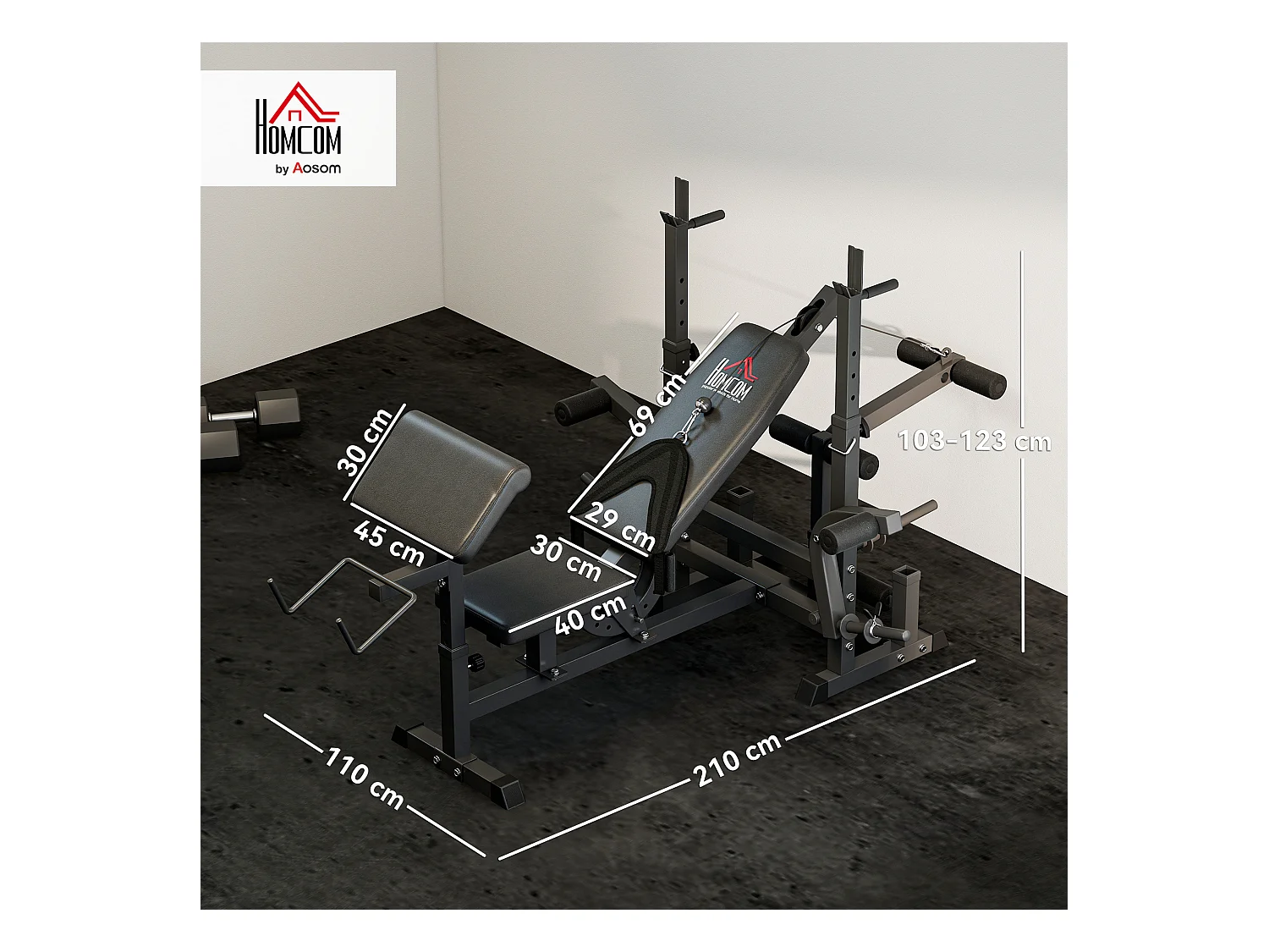 Panca da palestra con supporto per bilanciere e schienale regolabile nero