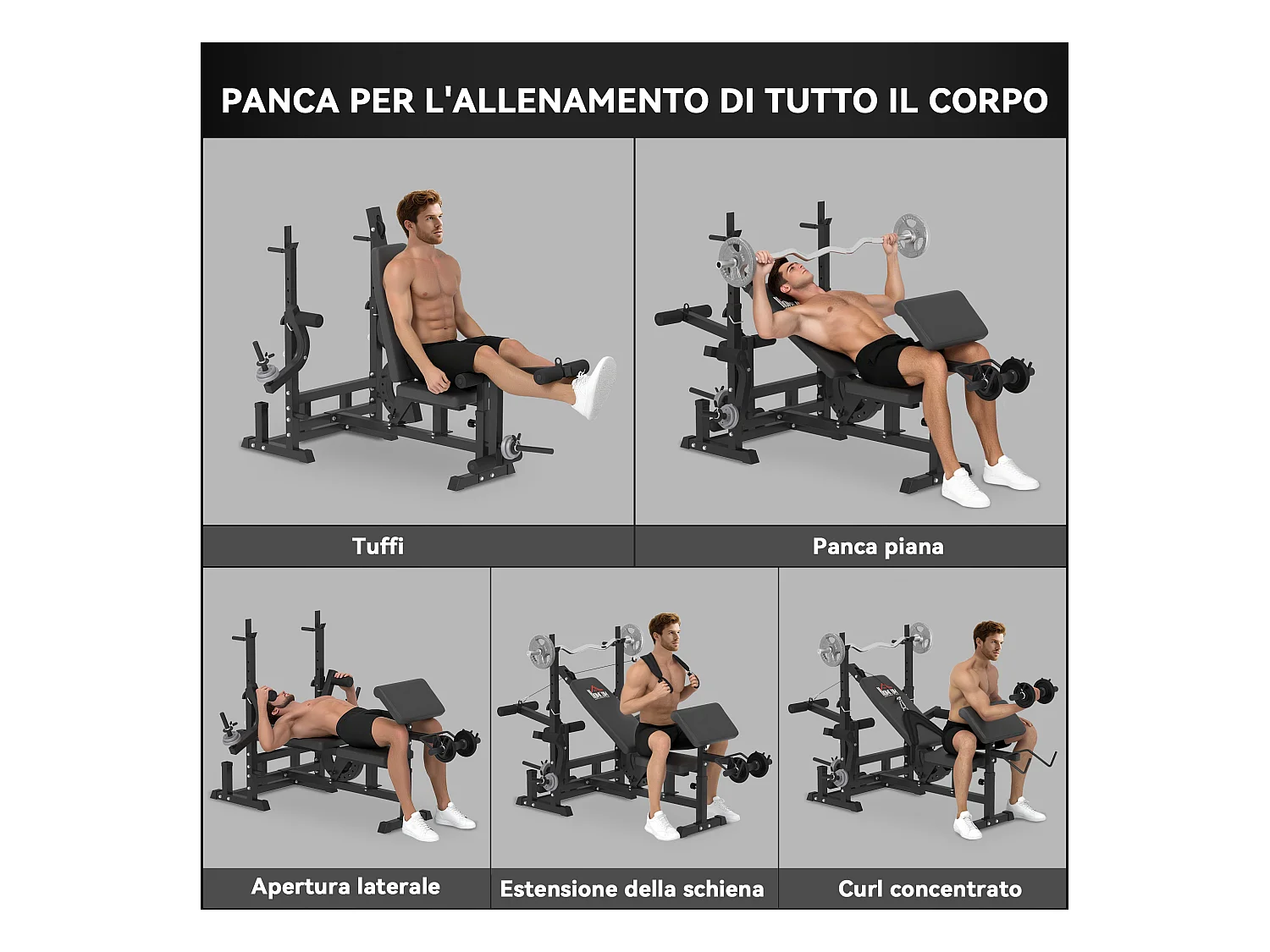 Panca da palestra con supporto per bilanciere e schienale regolabile nero