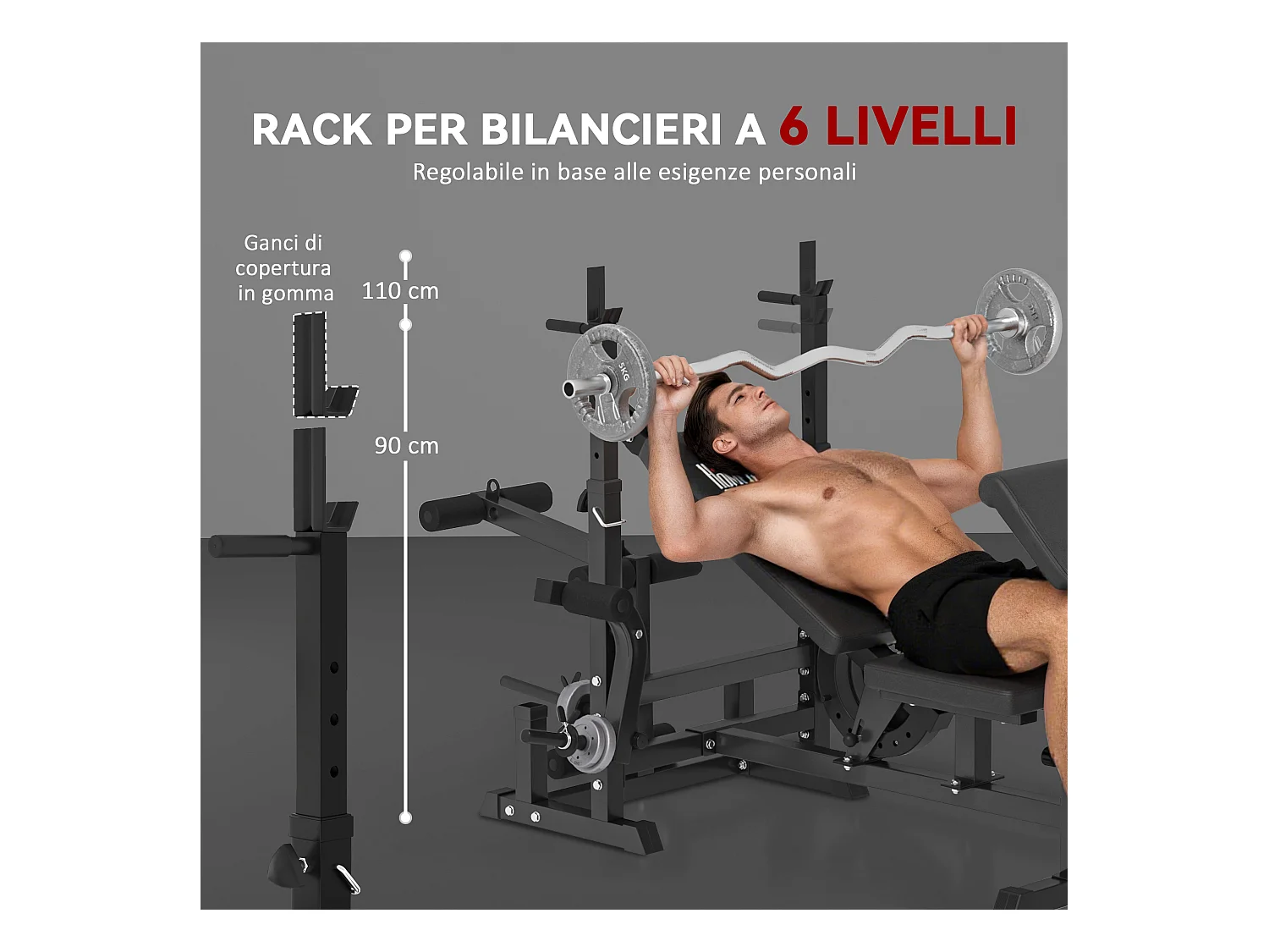 Panca da palestra con supporto per bilanciere e schienale regolabile nero