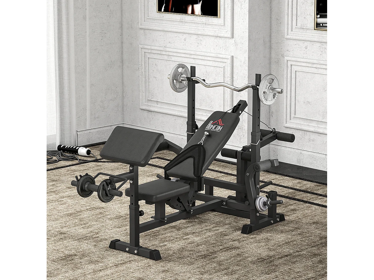 Panca da palestra con supporto per bilanciere e schienale regolabile nero