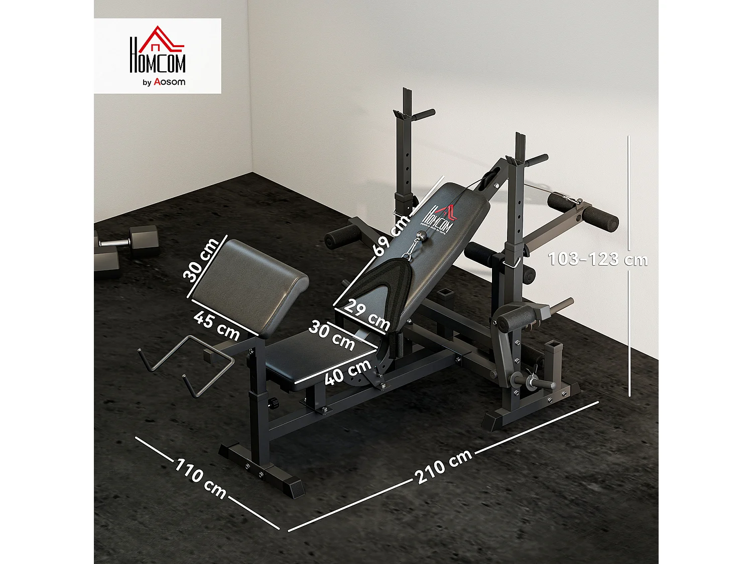 Panca da palestra con supporto per bilanciere e schienale regolabile nero