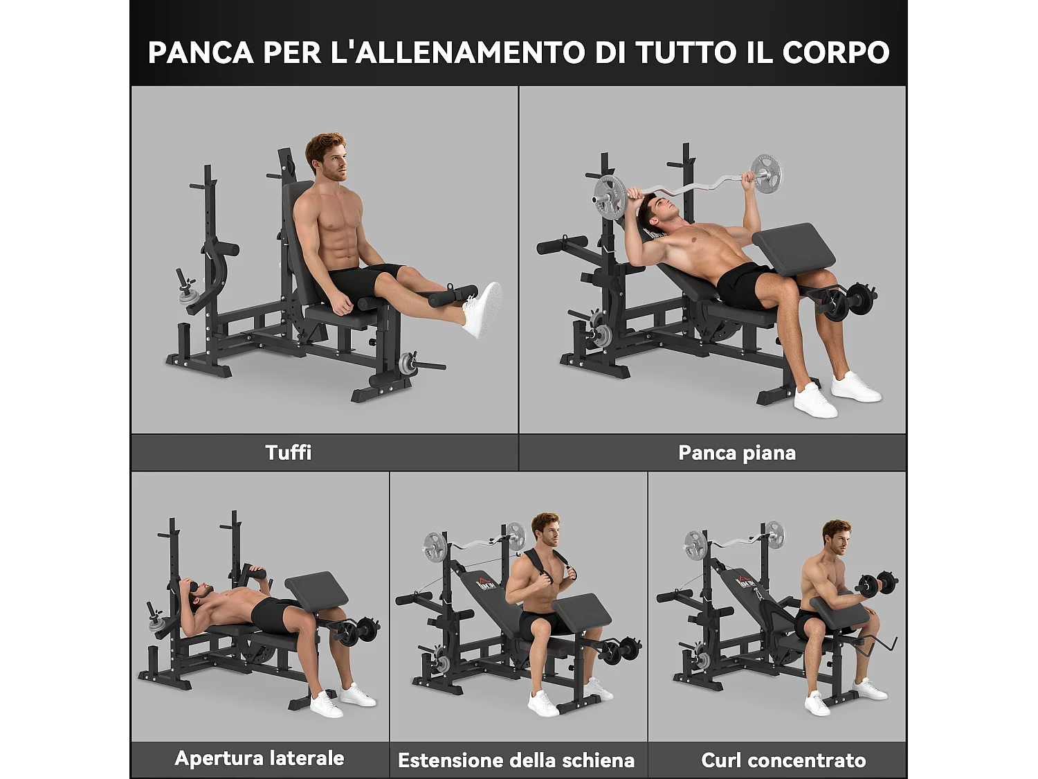 Panca da palestra con supporto per bilanciere e schienale regolabile nero