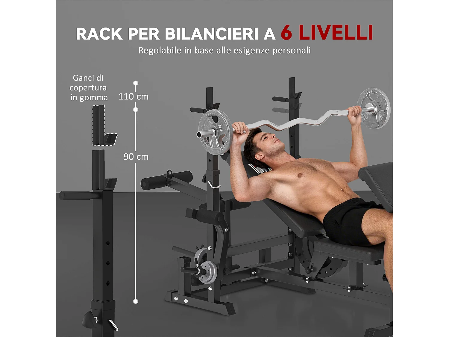 Panca da palestra con supporto per bilanciere e schienale regolabile nero