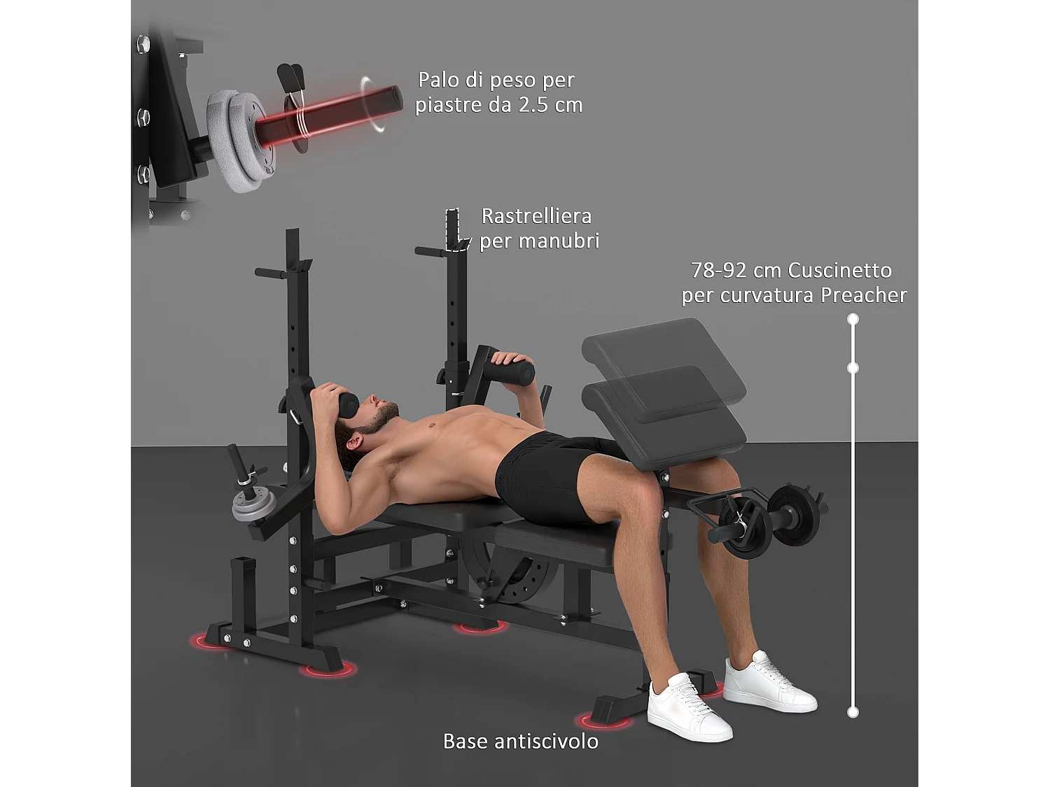 Panca da palestra con supporto per bilanciere e schienale regolabile nero