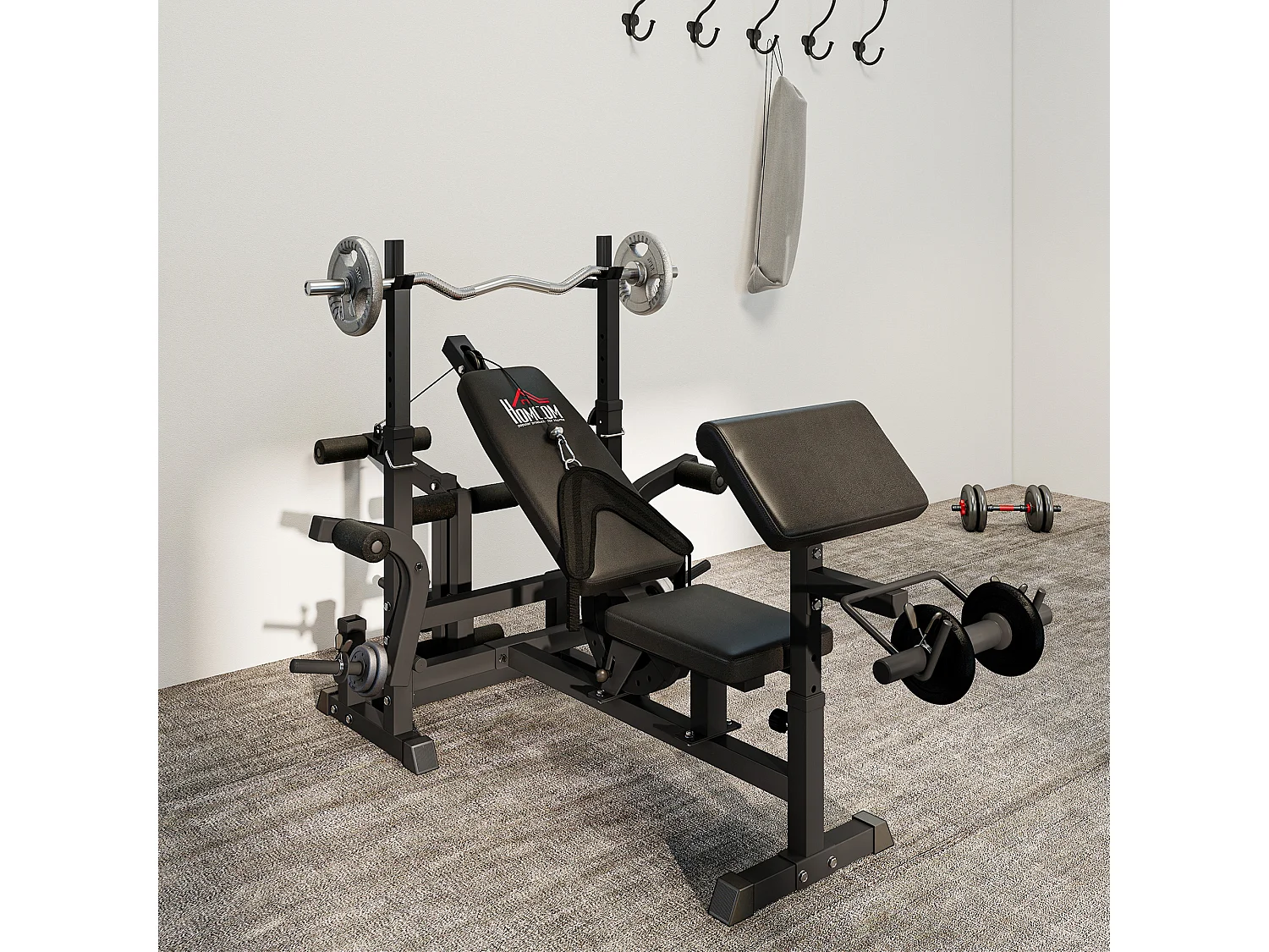 Panca da palestra con supporto per bilanciere e schienale regolabile nero