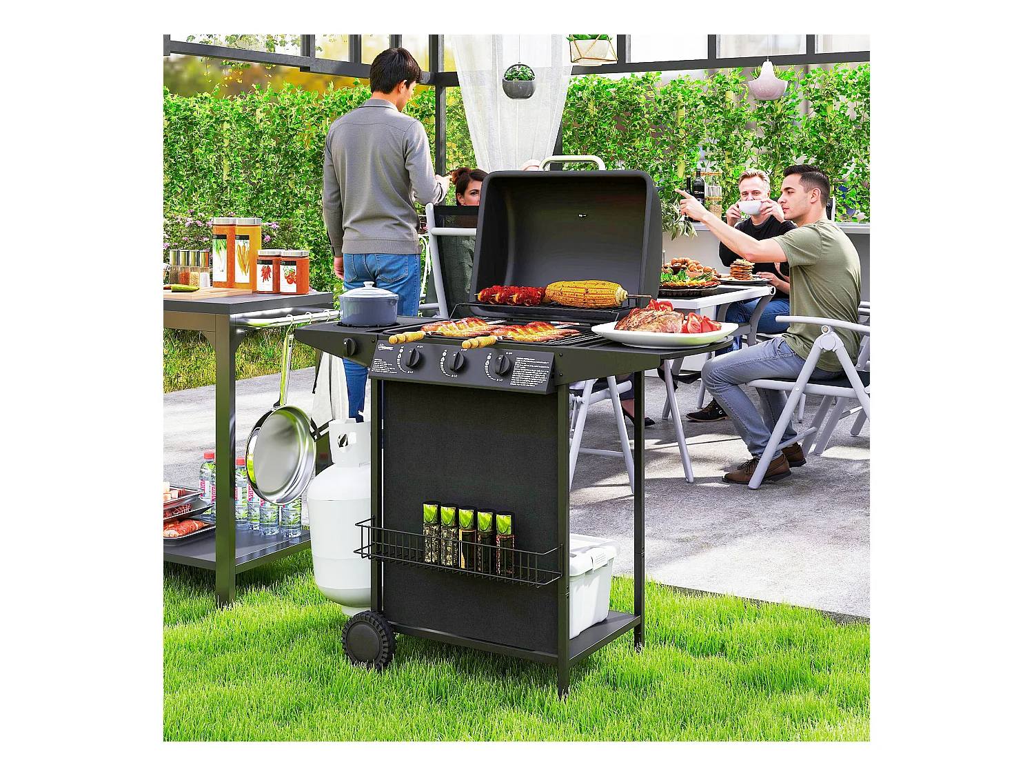 Barbecue a gas con coperchio ruote e 4 bruciatori nero
