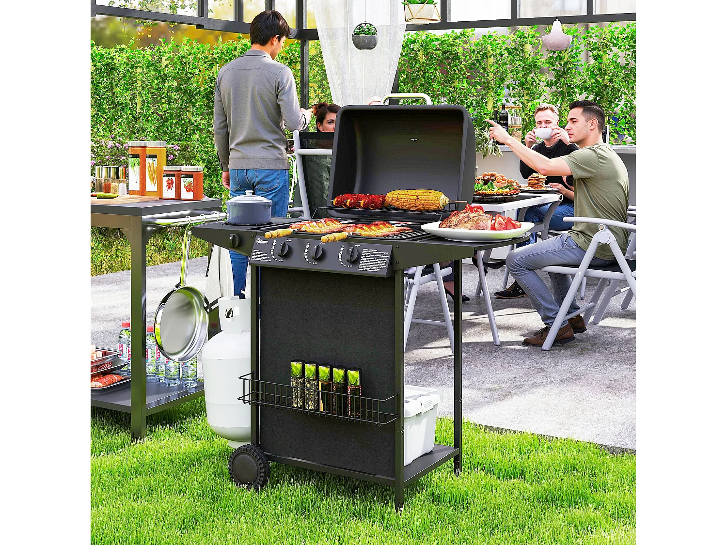 Barbecue a gas con coperchio ruote e 4 bruciatori nero