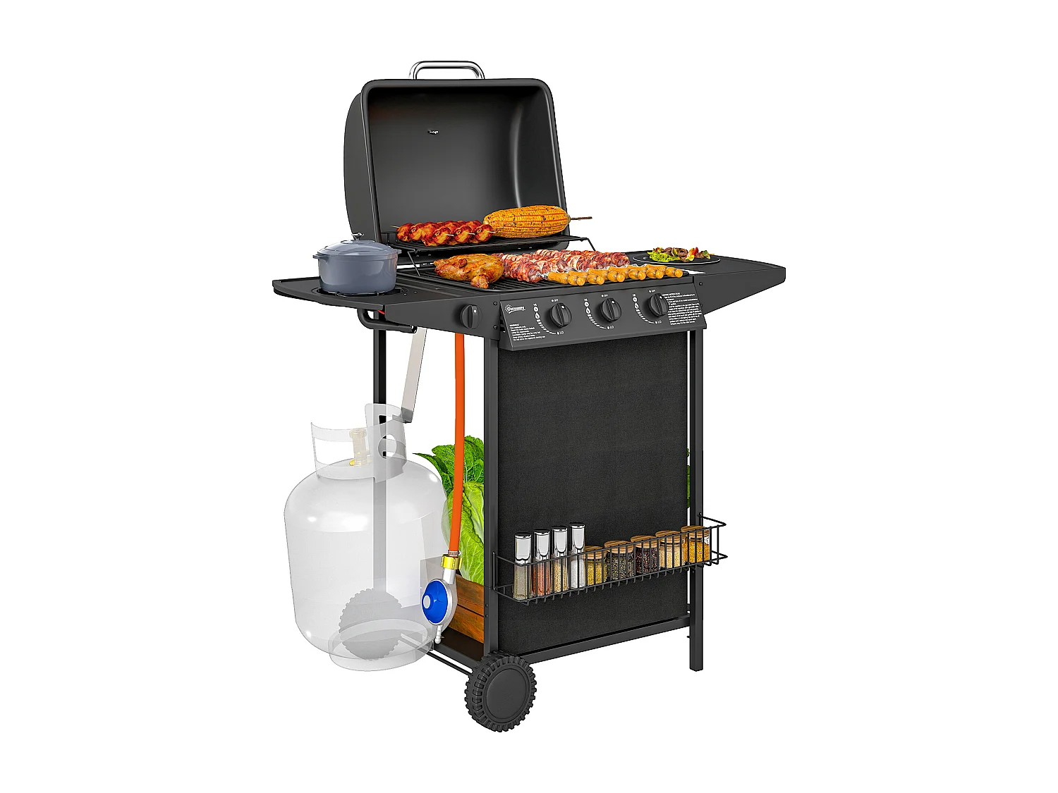 Barbecue a gas con coperchio ruote e 4 bruciatori nero