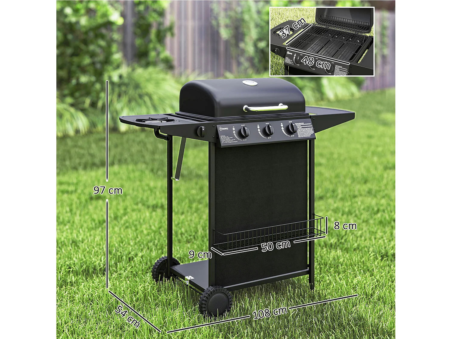 Barbecue a gas con coperchio ruote e 4 bruciatori nero