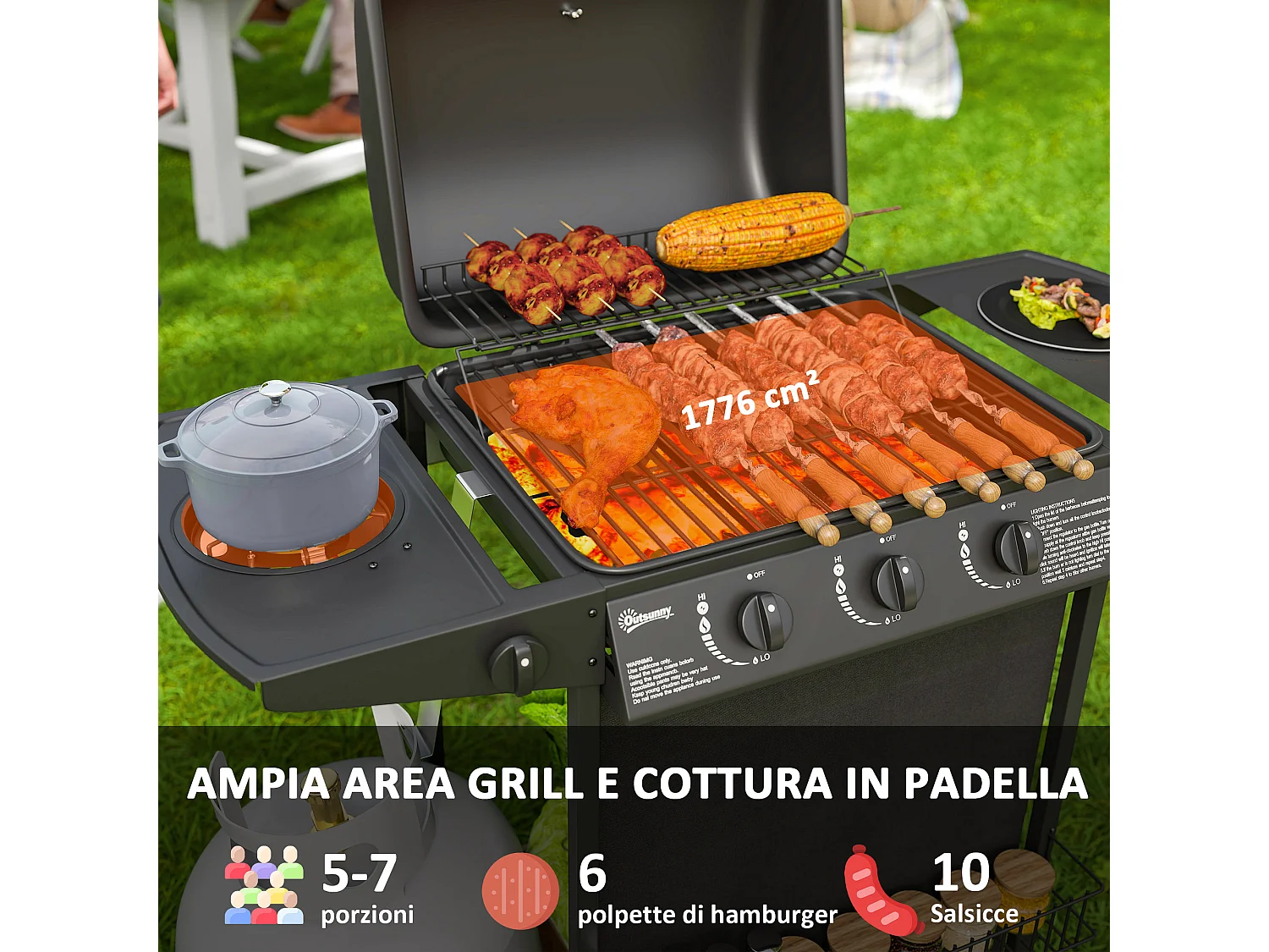 Barbecue a gas con coperchio ruote e 4 bruciatori nero