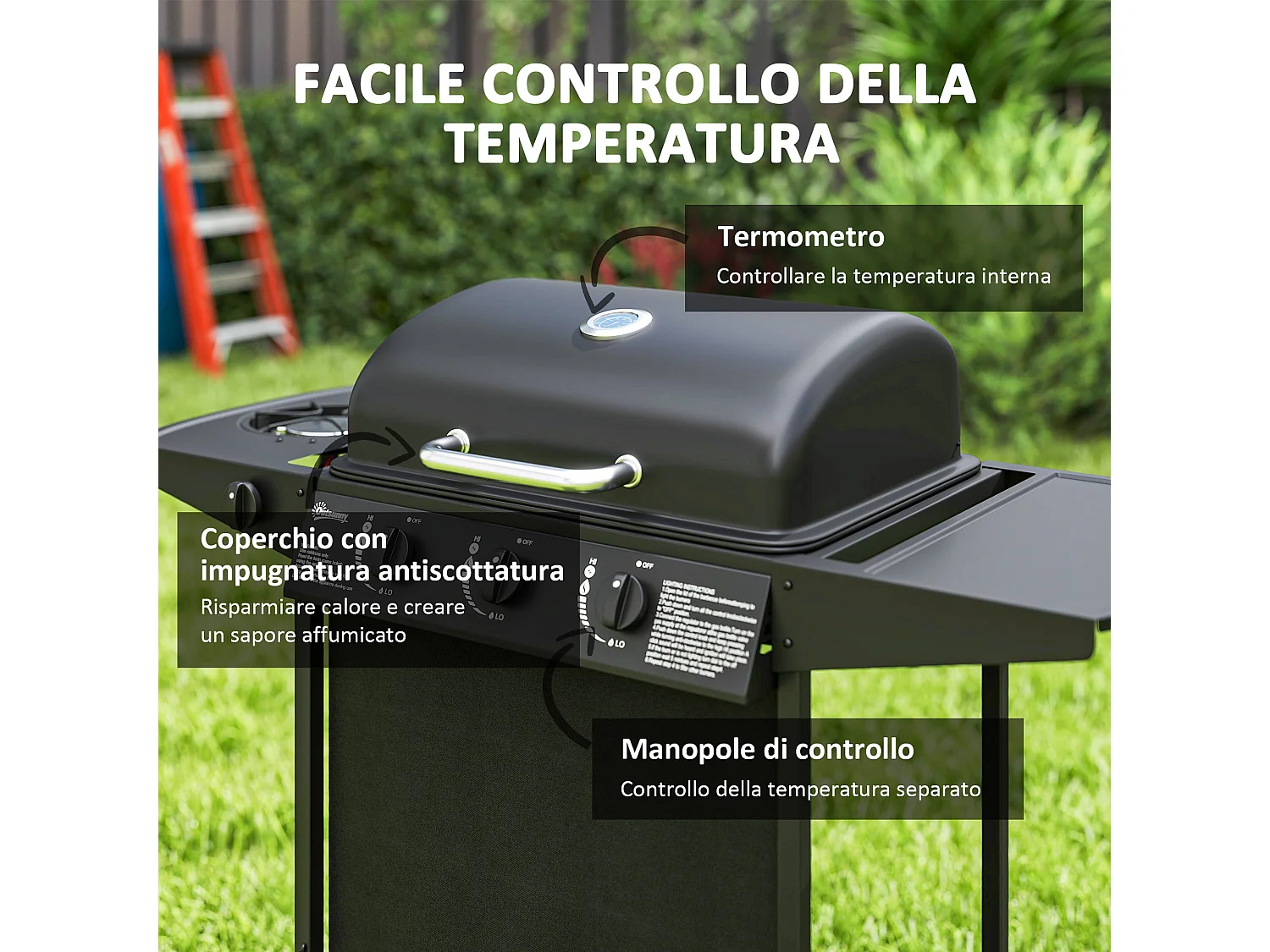 Barbecue a gas con coperchio ruote e 4 bruciatori nero