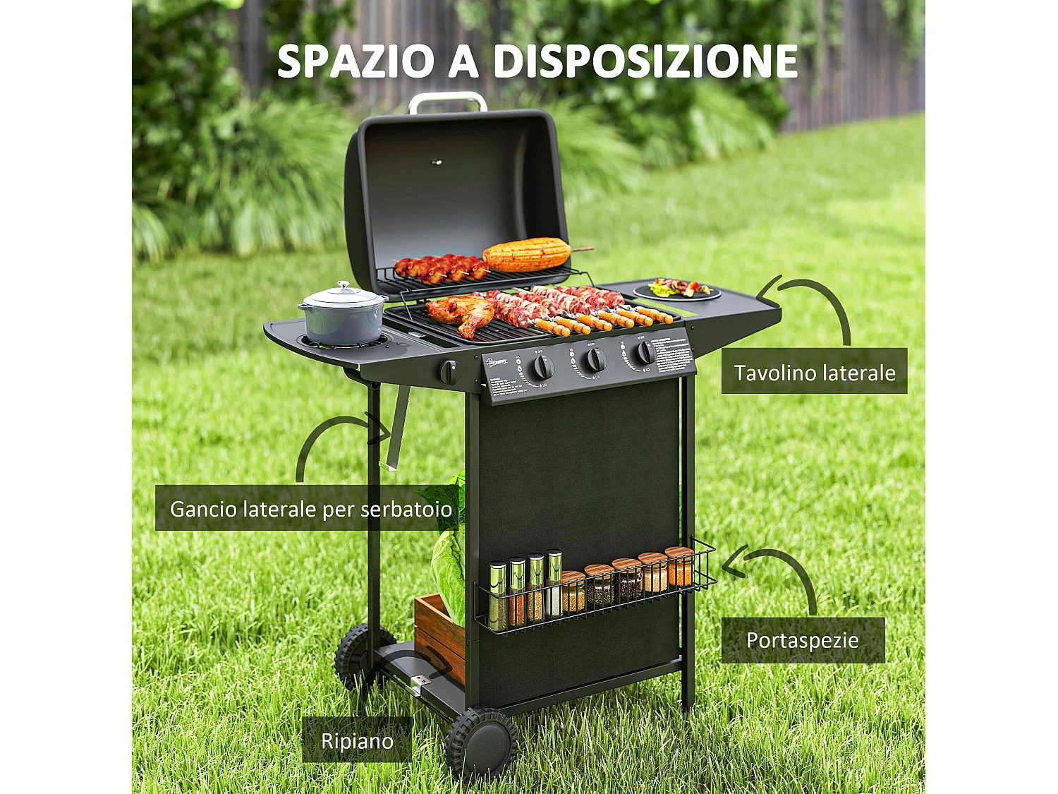 Barbecue a gas con coperchio ruote e 4 bruciatori nero