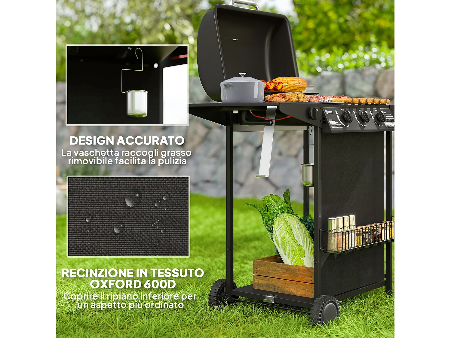 Barbecue a gas con coperchio ruote e 4 bruciatori nero