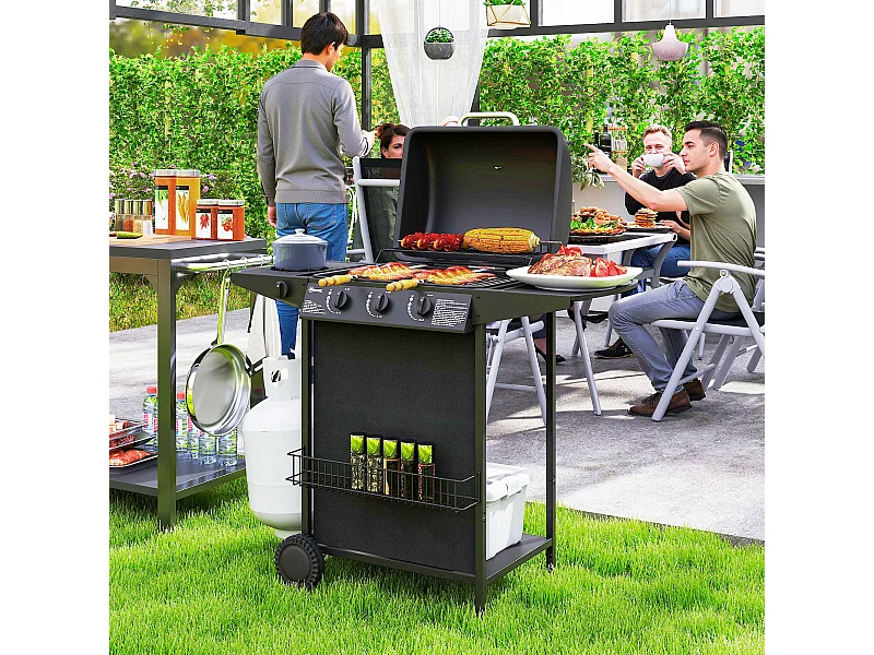 Barbecue a gas con coperchio ruote e 4 bruciatori nero