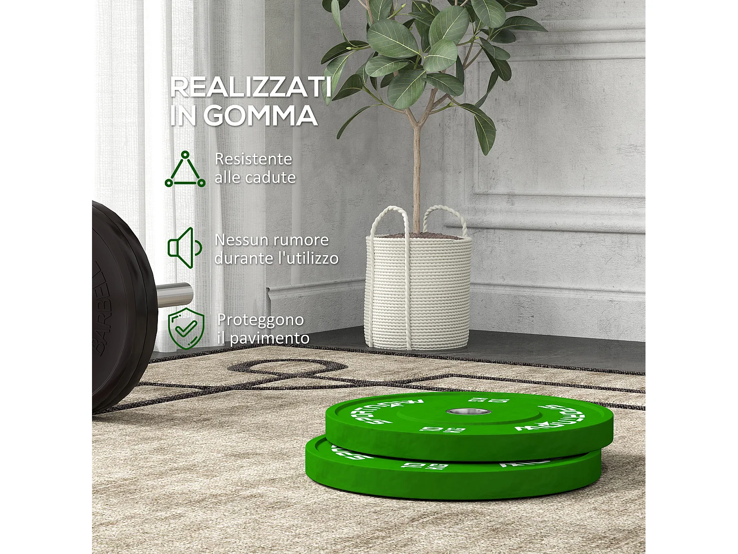 Set 2 dischi pesi 10kg in gomma foro 5cm per manubri e bilancieri verde