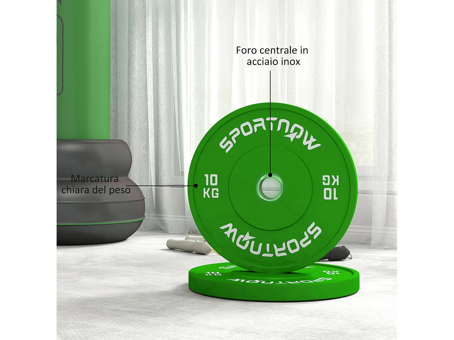 Set 2 dischi pesi 10kg in gomma foro 5cm per manubri e bilancieri verde