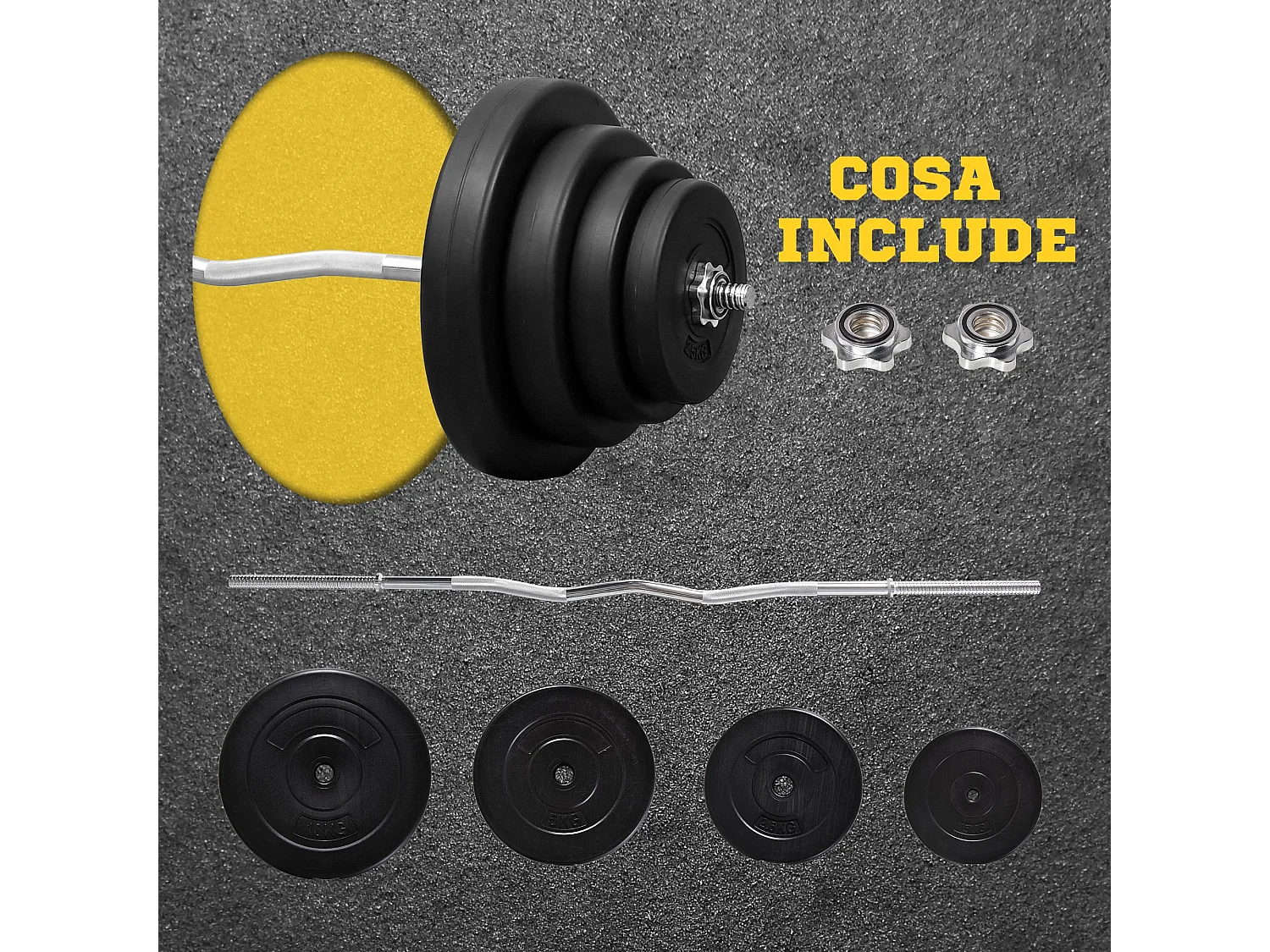Set bilanciare da 70kg con 8 dischi pesi e barra curva in acciaio
