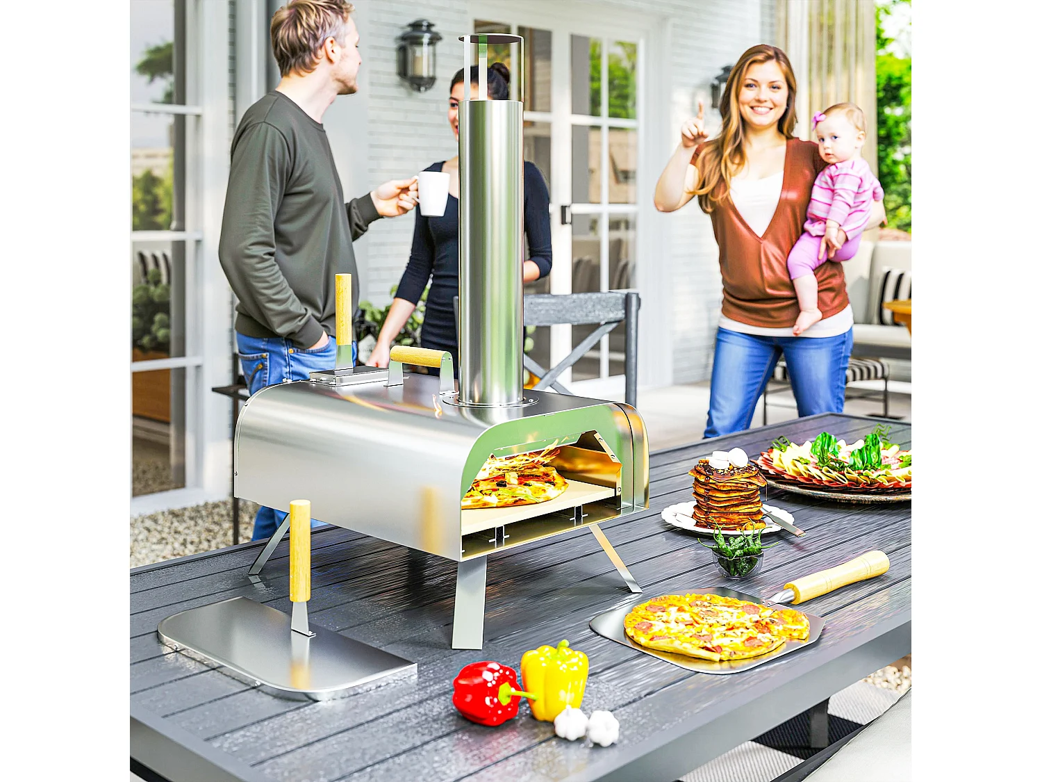 Forno per pizza da esterno con pietra refrattaria e pala argento